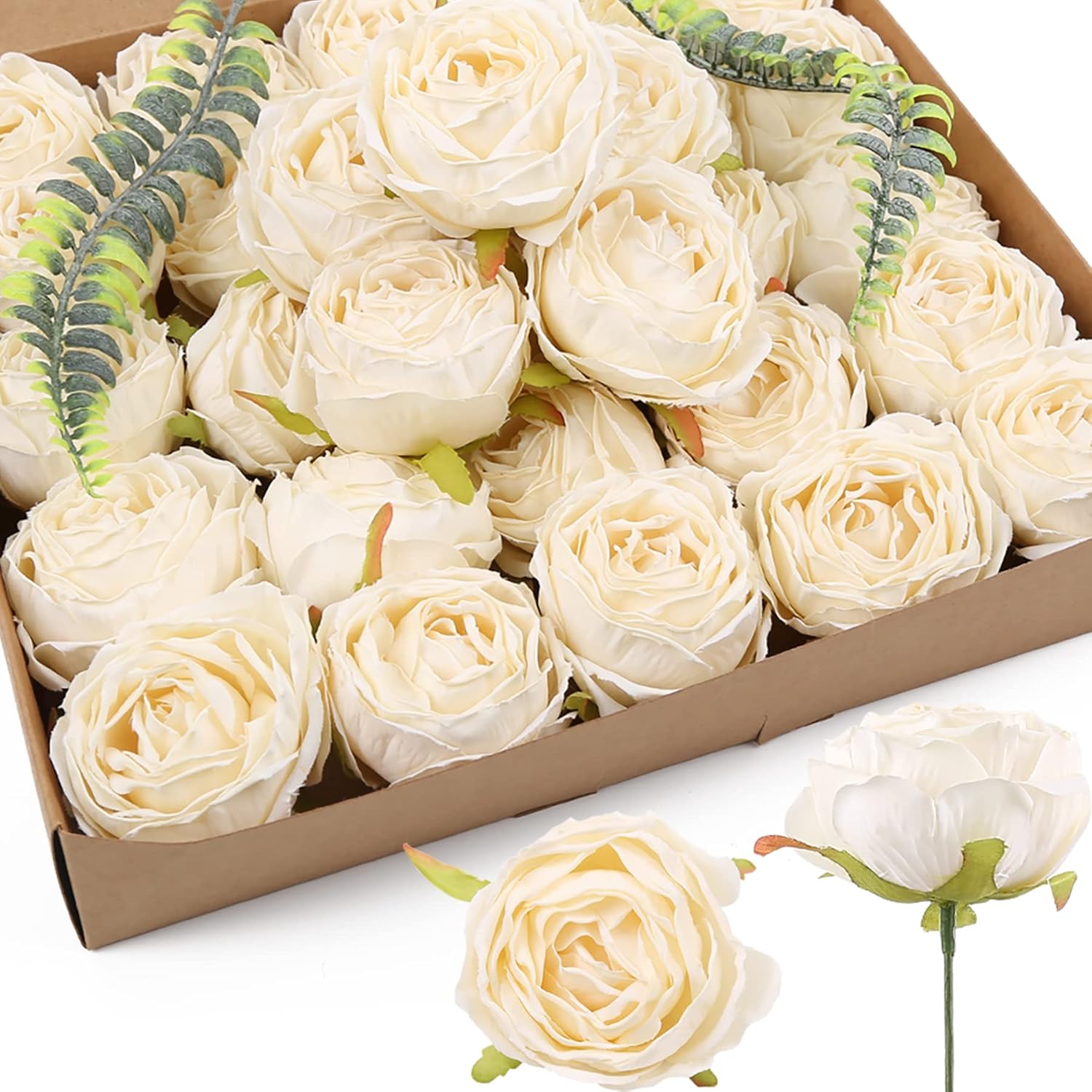 IPOPU White Roses Artificial Flowers Bulk 25pcs White Silk Rose Heads Bulk White Fake Roses Flowers for Decorations for Artificial Bouquet Wedding Silk Flowers for Home Decor Indoor (Off White)