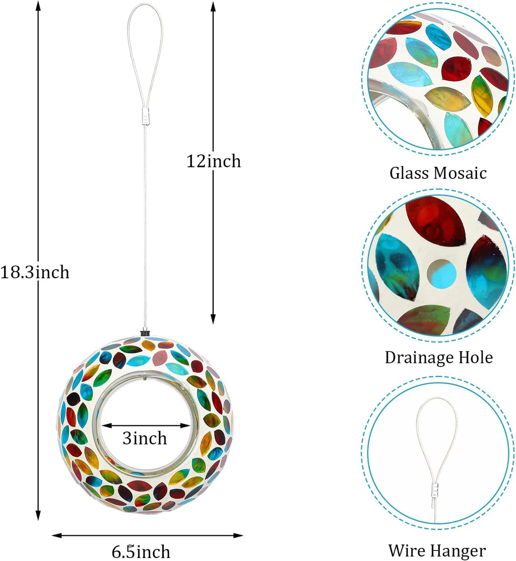 Yinns Bird Feeder - Hanging Mosaic Glass Birdfeeder, Fly Through Bird Feeders with Oval Stained Glass, Outdoor Garden Decor, 6.5 inch