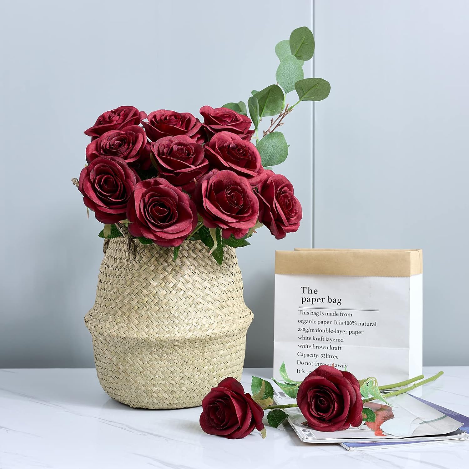 12pcs Roses Artificial Flowers Fake Roses Burgundy Silk Roses Wine Red Silk Flowers Rose with Long Stems for Wedding Home Party Centerpieces Decorations