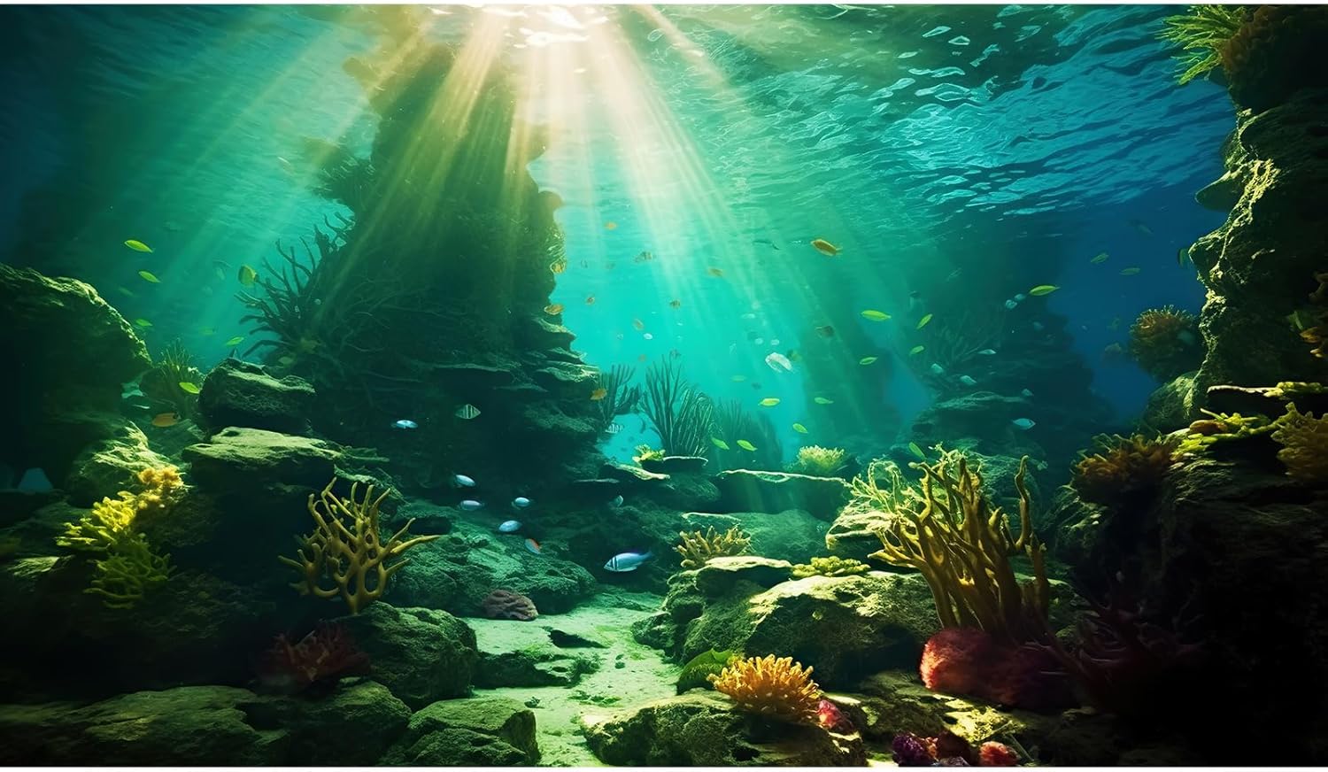 Ocean Floor Fish Tank Background Under The Sea Coral Reef Aquarium Background Tropical Fish Terrarium Backgrounds Underwater Rock Cave Sunray Fish Tank Backgrounds Decorations 72x16in