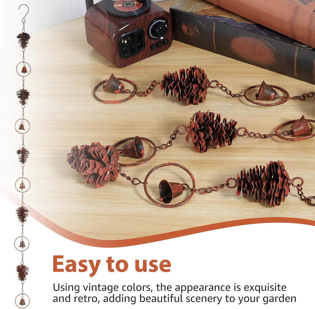 3.5 Feet Pinecone Shaped Rain Chain Metal Rain Chain Gutter Rain Chain Downpipe Outdoor Rain Catcher Decorate Pine Cones and Bells Rain Chain for Indoor Outdoor Decoration
