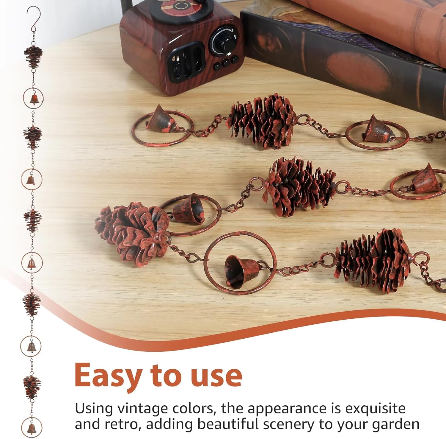 3.5 Feet Pinecone Shaped Rain Chain Metal Rain Chain Gutter Rain Chain Downpipe Outdoor Rain Catcher Decorate Pine Cones and Bells Rain Chain for Indoor Outdoor Decoration