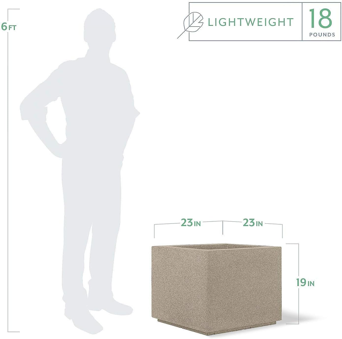 PolyStone Monterray Modern Outdoor/Indoor Square Planter, 23" L x 23" W x 19" H, Lightweight, Heavy Duty, Weather Resistant, Polymer Finish, Commercial Grade and Residential (Sandstone Granite)