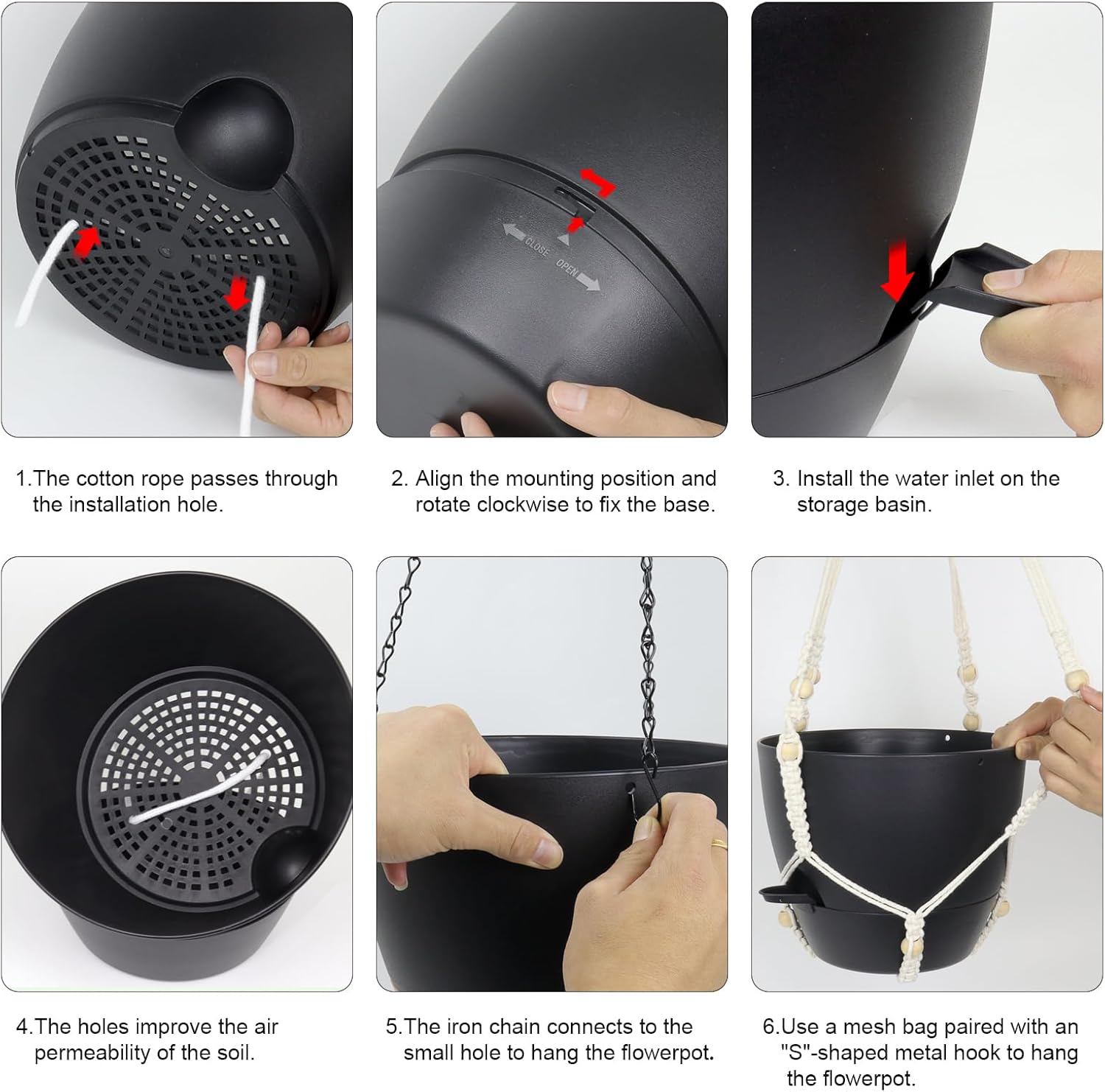 10 inch Self Watering Hanging Planters, 2 Pack Hanging Baskets for Indoor Outdoor Plants, Hanging Flower Pots with Drainage Holes & 2 Kinds of Plant Hangers for Garden Home Decor, Black