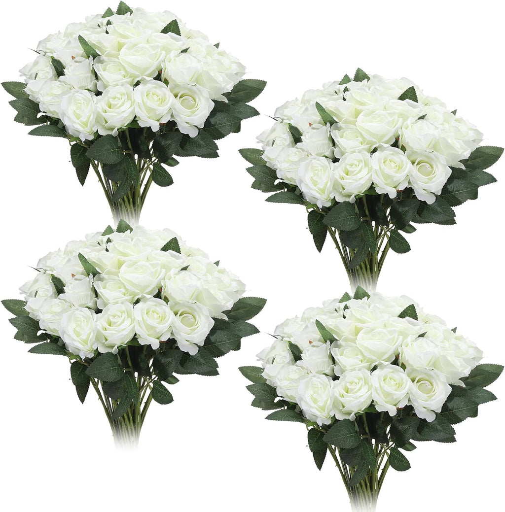 36 Pcs Silk White Rose Bouquet Bridal Artificial Flowers,Fake Rose Long Stem Realistic Artificial Flowers Bulk for Wedding Bouquet Ball Arrangement Centerpiece Party Decor