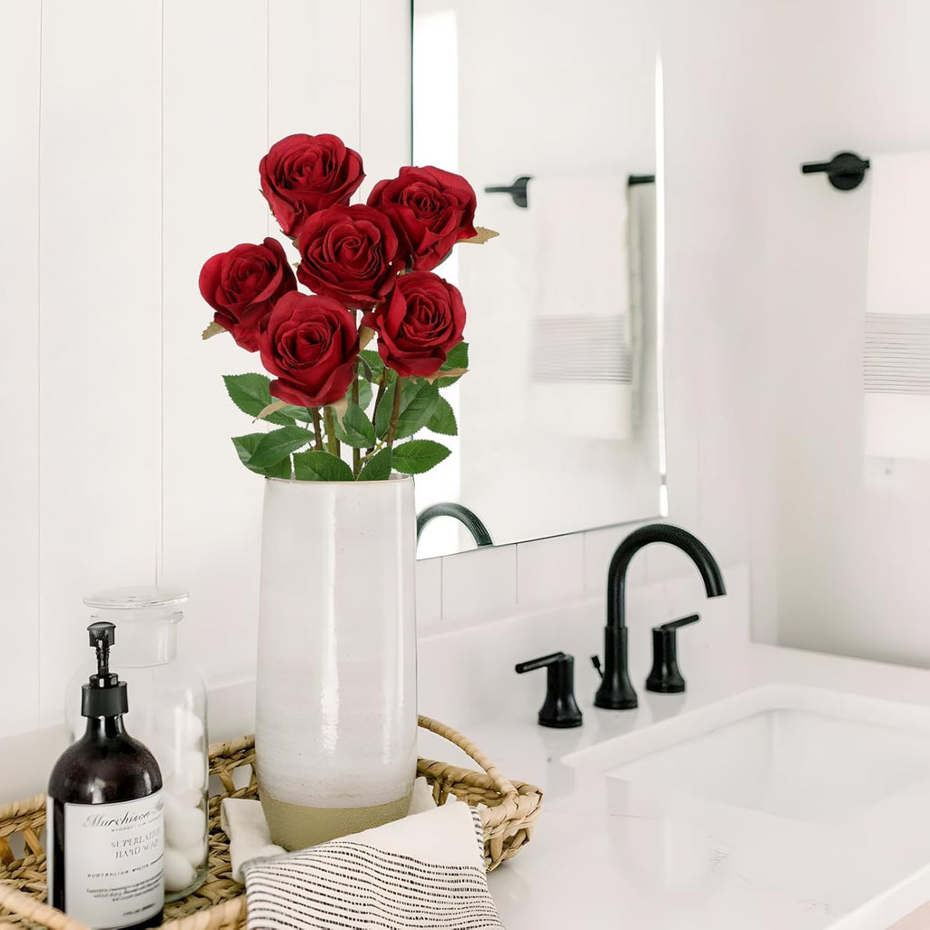 Briful Red Artificial Roses – 6PCS 18.9" Silk Rose Faux Flowers with Long Stems Realistic Fake Rose Bouquet for DIY Wedding Arrangements Table Vase Centerpieces Home Event Decor