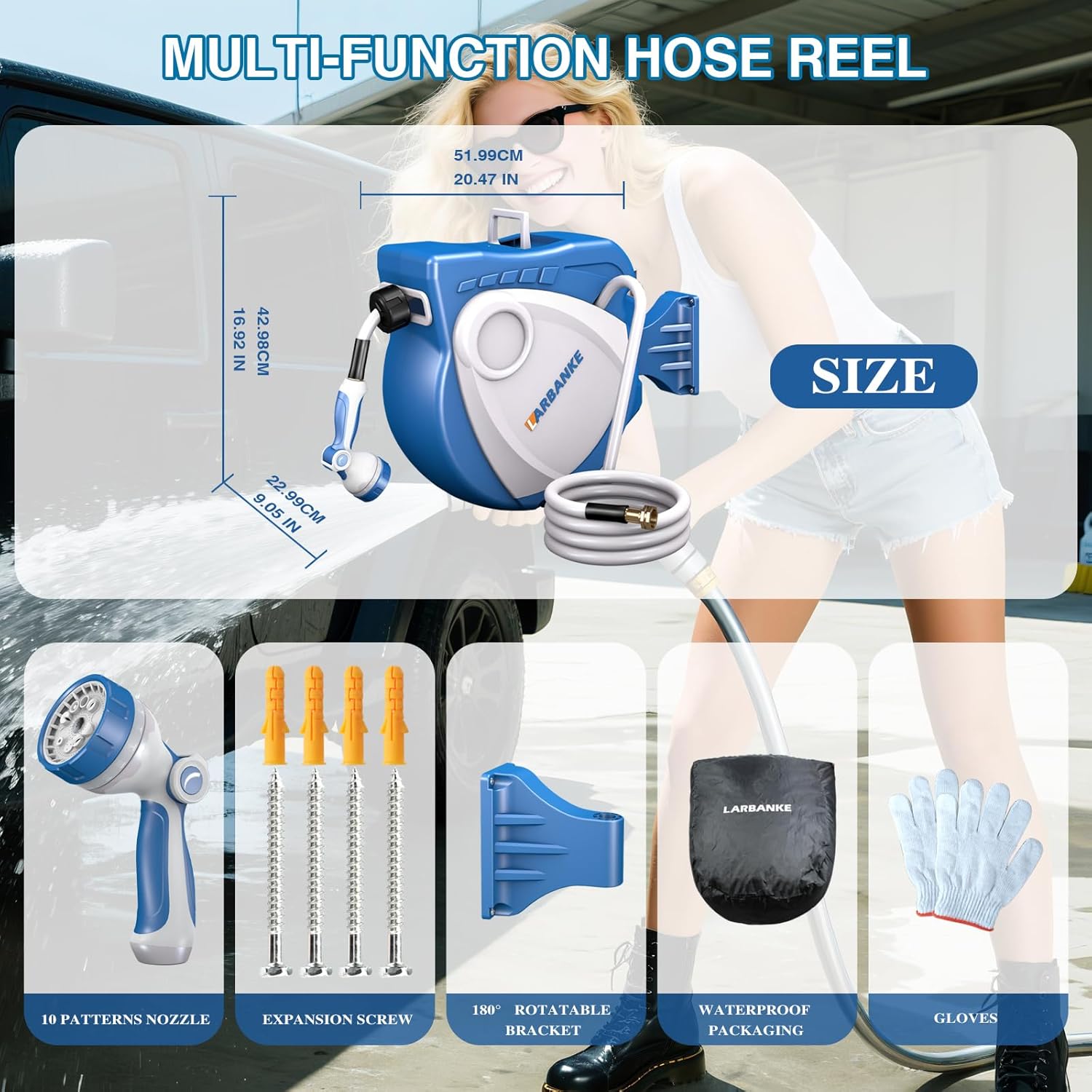 1/2 in × 100 ft Garden Hose Reel,Wall-Mounted Hose Reel with Bottom Drain,180° Rotating Bracket,with 10-Function Sprayer Nozzle,Lockable at Any Length,Equipped with Waterproof Bag(Blue)