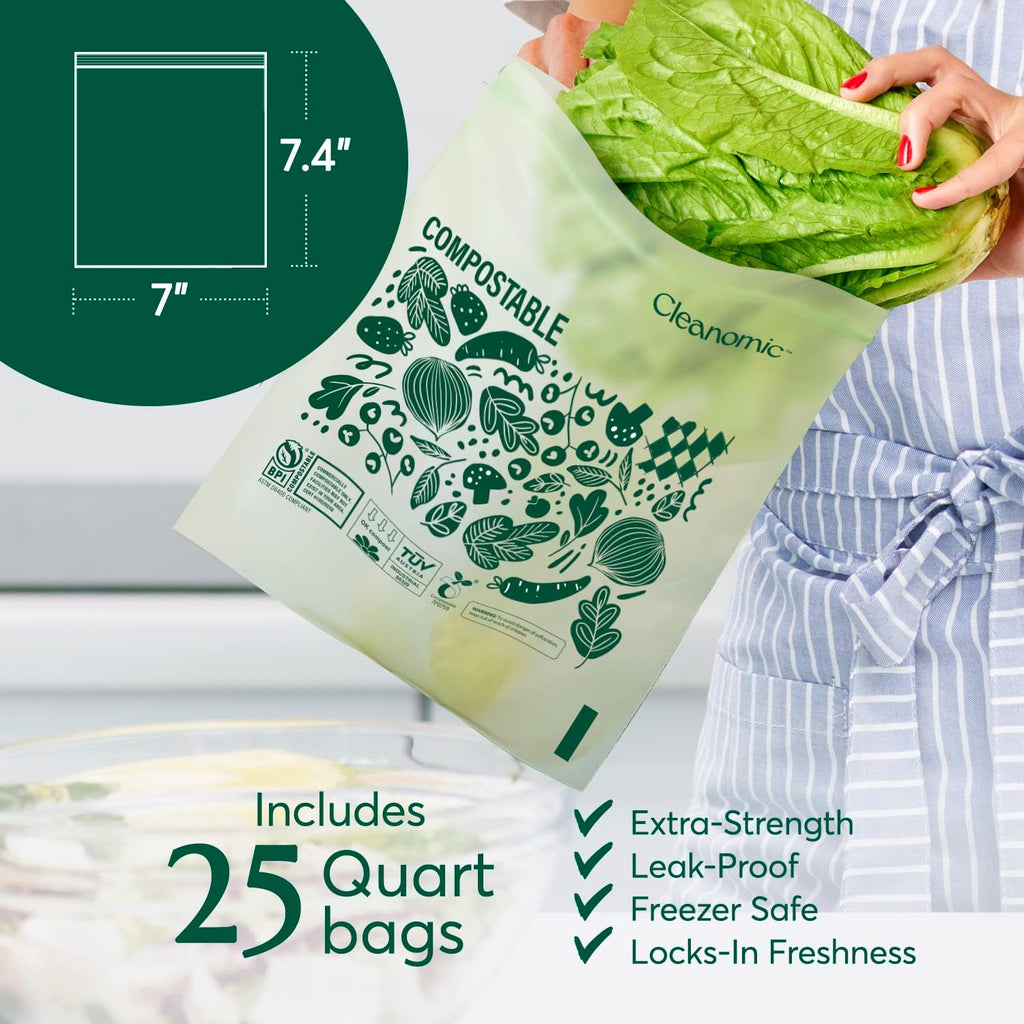 Cleanomic Compostable* Quart Size Food Storage Bags (25 Eco Zip) Freezer and Leak Proof, Also Available Gallon, Snack and Sandwich Size Bags
