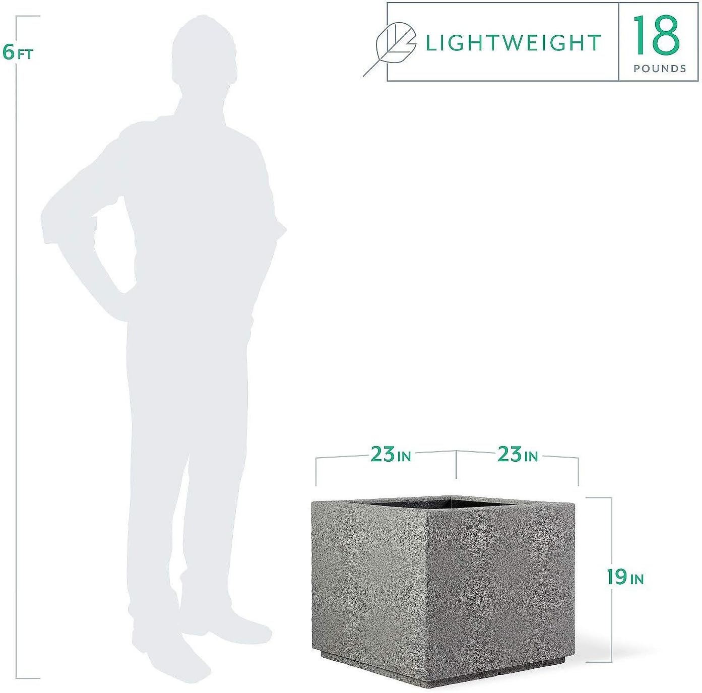 PolyStone Monterray Modern Outdoor/Indoor Square Planter, 23" L x 23" W x 19" H, Lightweight, Heavy Duty, Weather Resistant, Polymer Finish, Commercial Grade and Residential (Gray Granite)