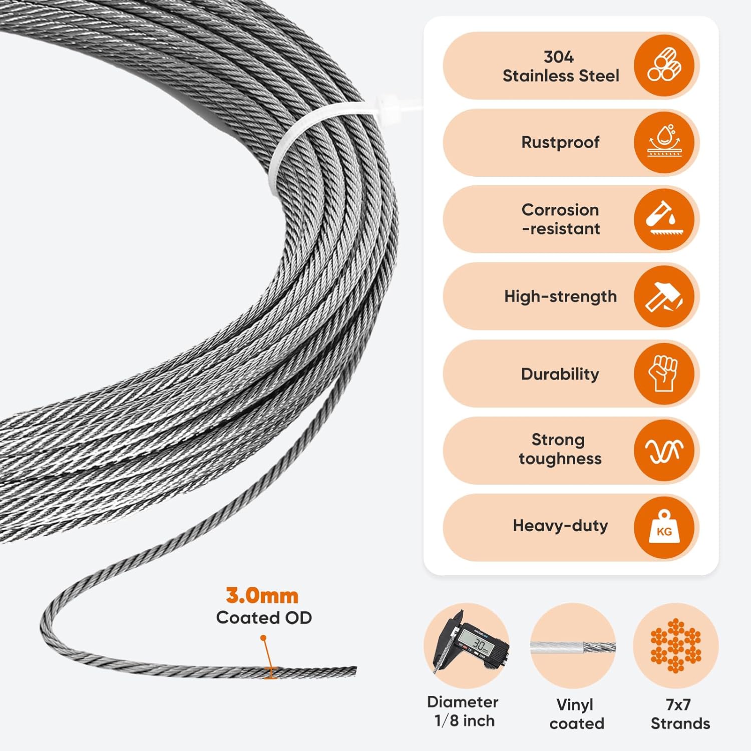 100FT 1/8" Stainless Steel Cable with Wire Rope Crimping Tool and Cable Cutter, 1760 lbs Breaking Strength, 7x7 Strands Aircraft Cable for Deck Railing, Porch Fence, String Light
