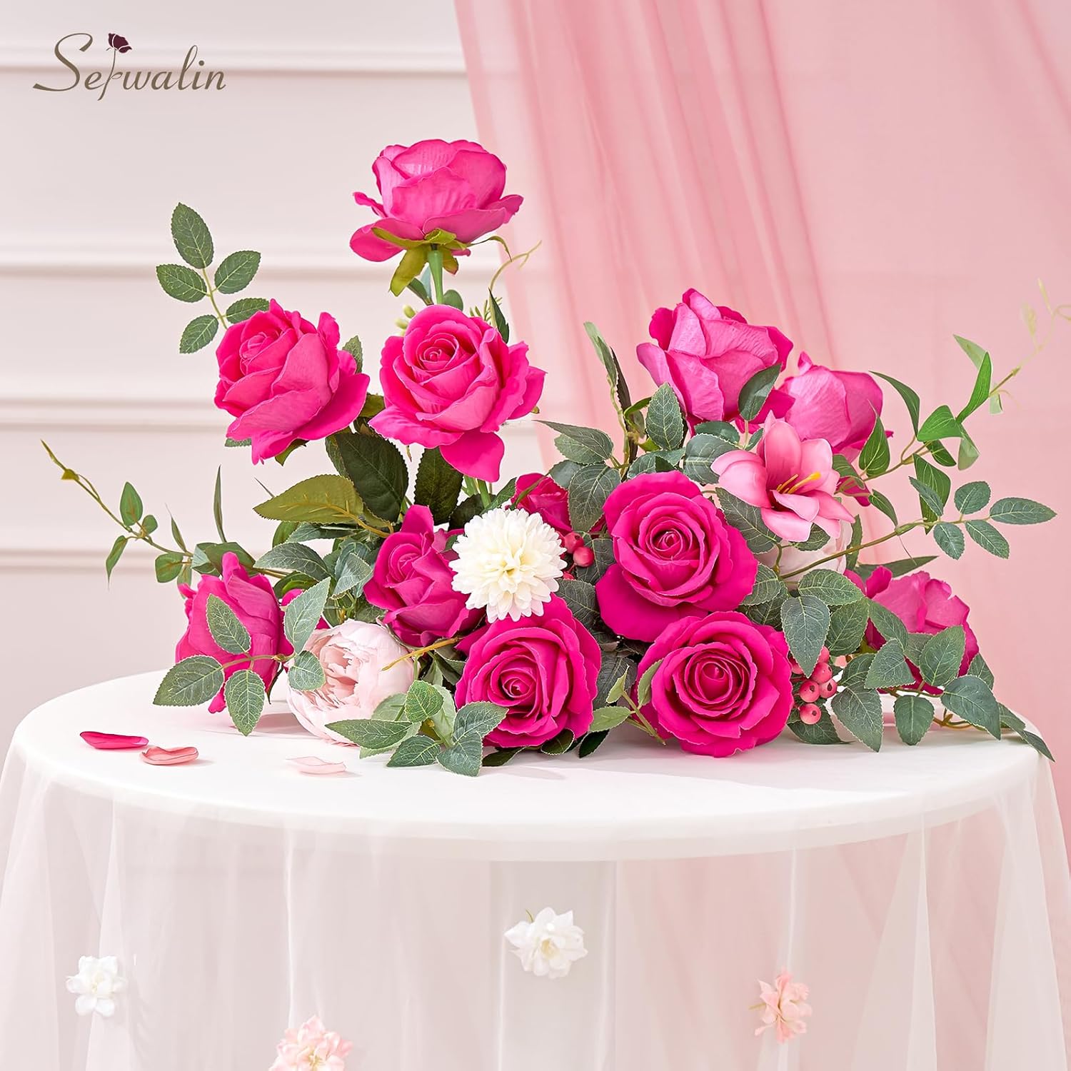 Serwalin 50pcs Artificial Roses Bulk, 4'' Big Velvet Flower Head, Hot Pink Rose Velvet Real Touch, Silk Fake Roses Long Stems Realistic Bouquet for Wedding Table Centerpiece and Home Decor