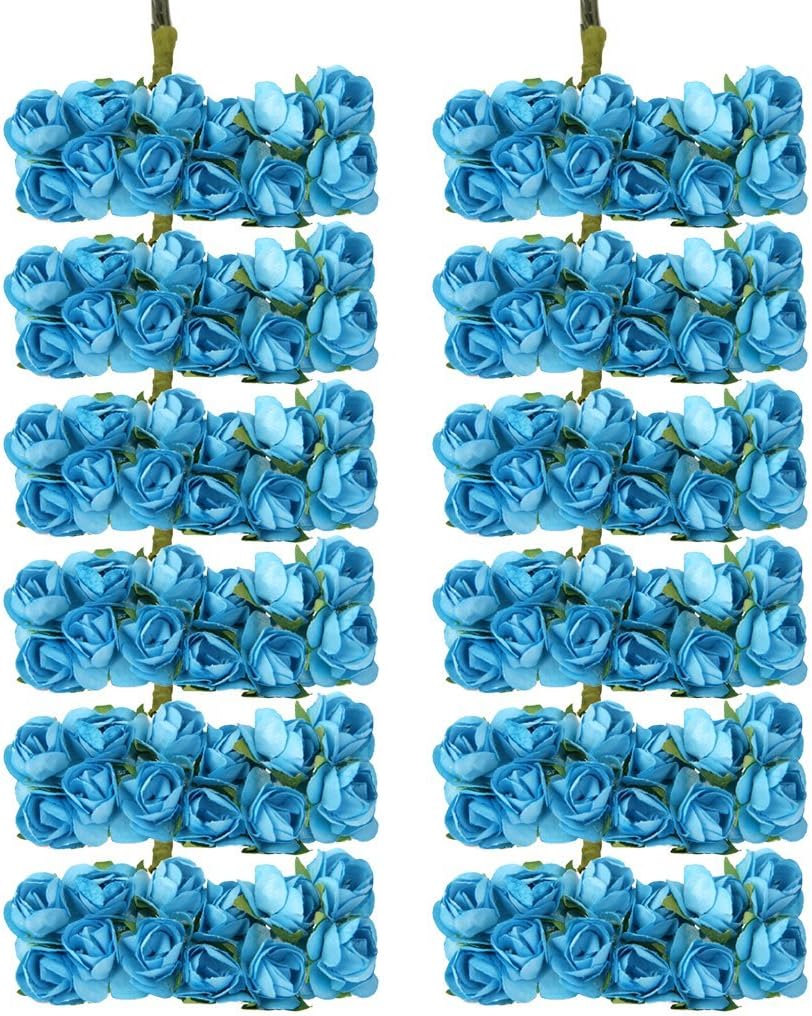Mini Fake Rose Flower Heads 144pcs Mini Artificial Mulberry Paper Roses Flower with Wire Stem DIY Wedding Flowers Accessories Make Bridal Hair Clips Headbands Dress (Turquoise Blue)