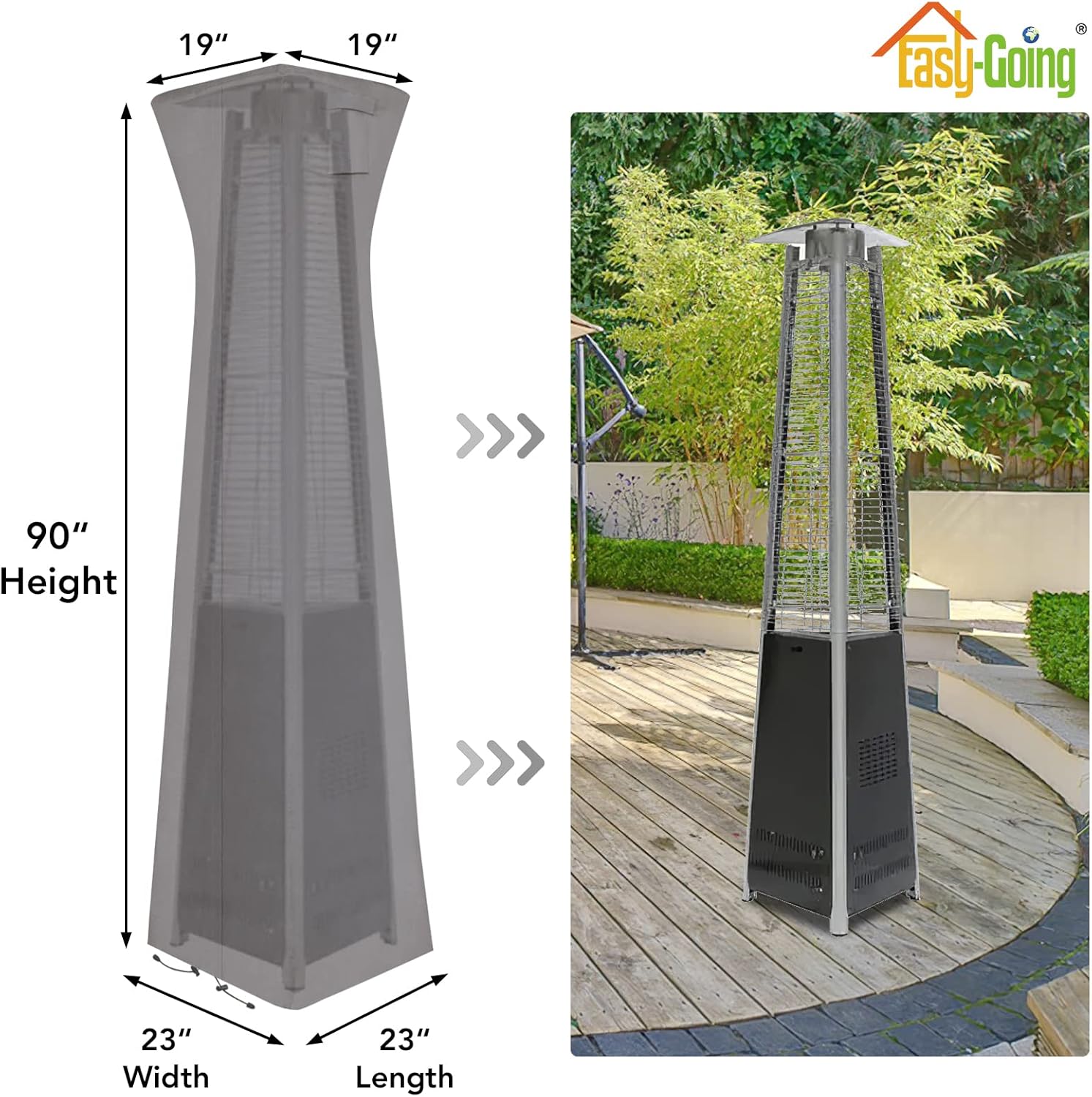Easy-Going Pyramid Torch Patio Heater Cover with Zipper and Storage Bag, Waterproof Outdoor Heater Cover Dustproof, UV-Resisant, Wind-Resistant (90" H x 23" L x 23" W, Grey)