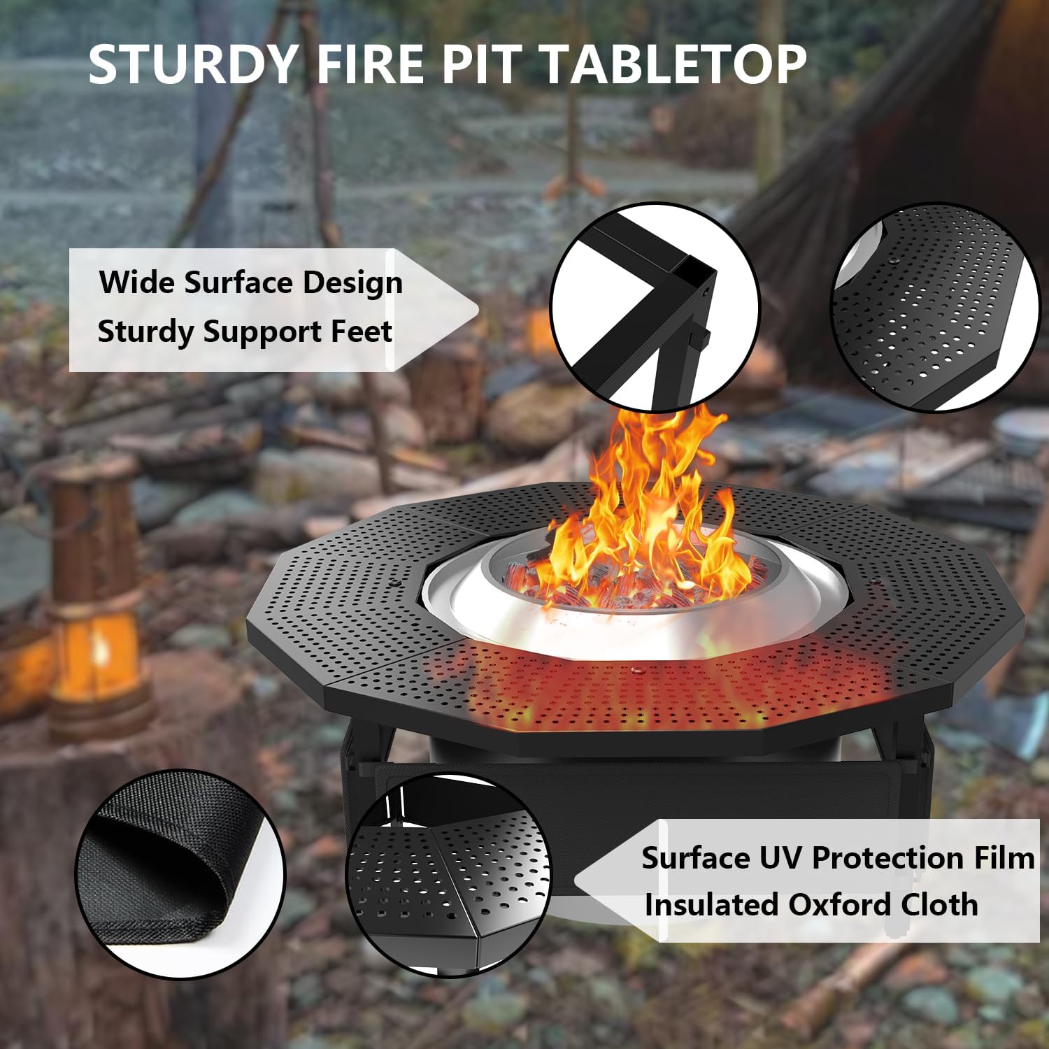 Fire Pit Surround Tabletop for Solo Stove Bonfire Ranger 2.0, with Coated Steel and UV-Resistant Outdoor Fabric, Adjustable Tabletop for Solo Stove Bonfire Accessories, Thick Metal