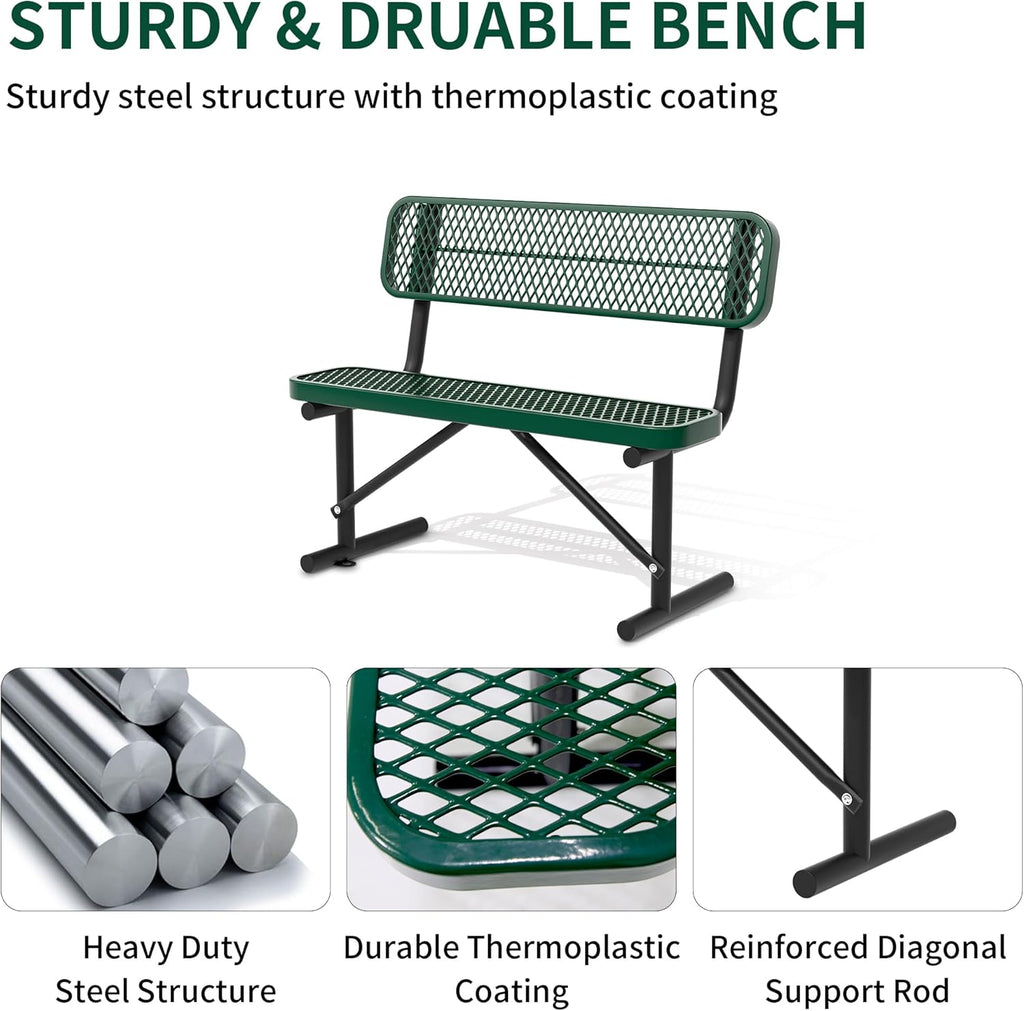 4 Feet Heavy Duty Metal Park Bench for Outside, Outdoor Bench with Backrest & Portable Frame, Commercial Benches for Shopping Malls, Stores, Parks, Patios, Decks, Green