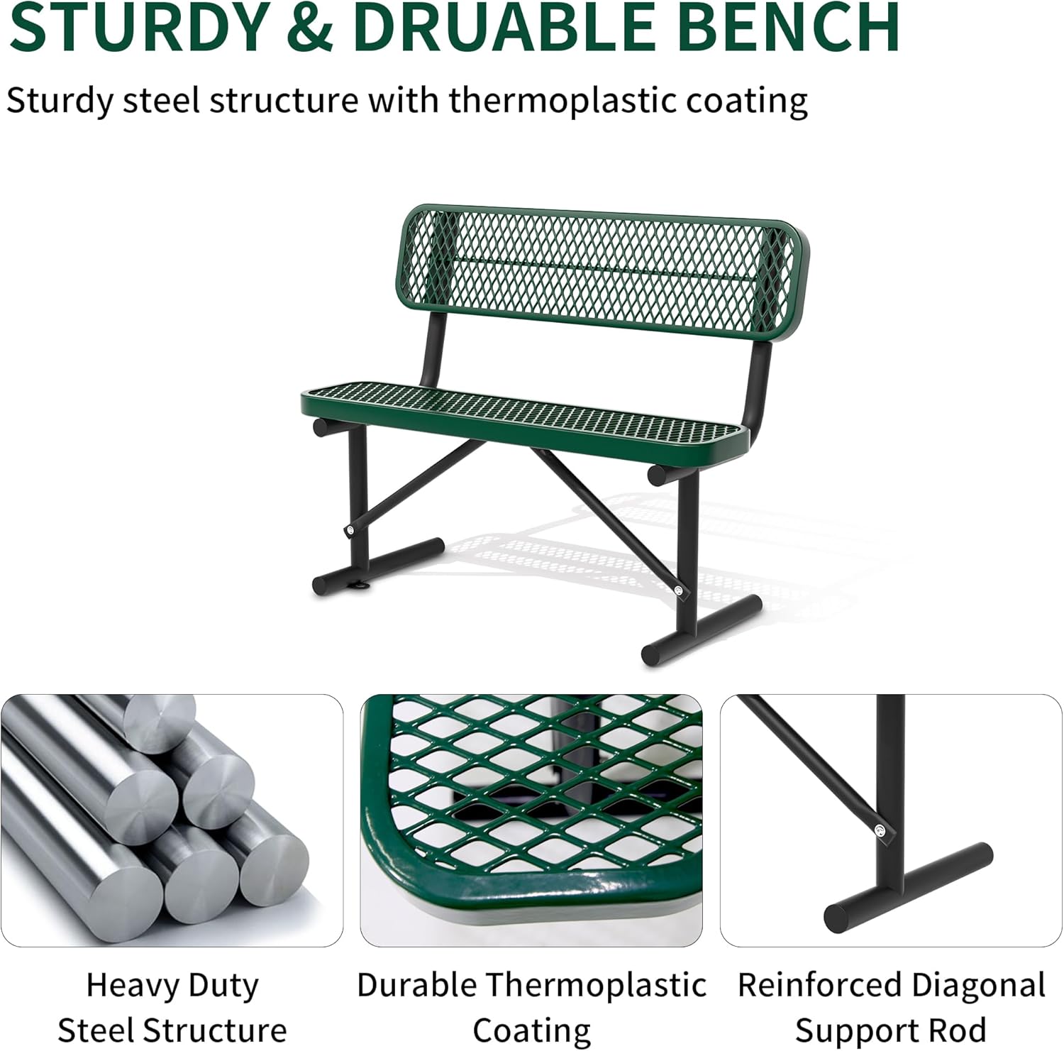 4 Feet Heavy Duty Metal Park Bench for Outside, Outdoor Bench with Backrest & Portable Frame, Commercial Benches for Shopping Malls, Stores, Parks, Patios, Decks, Green