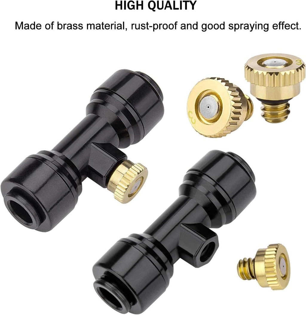 Brass & Black Misting Nozzles Kit - 20pcs Mister Nozzles & Tees with 2pcs Plugs for 1/4" Tubing and Outdoor Patio System