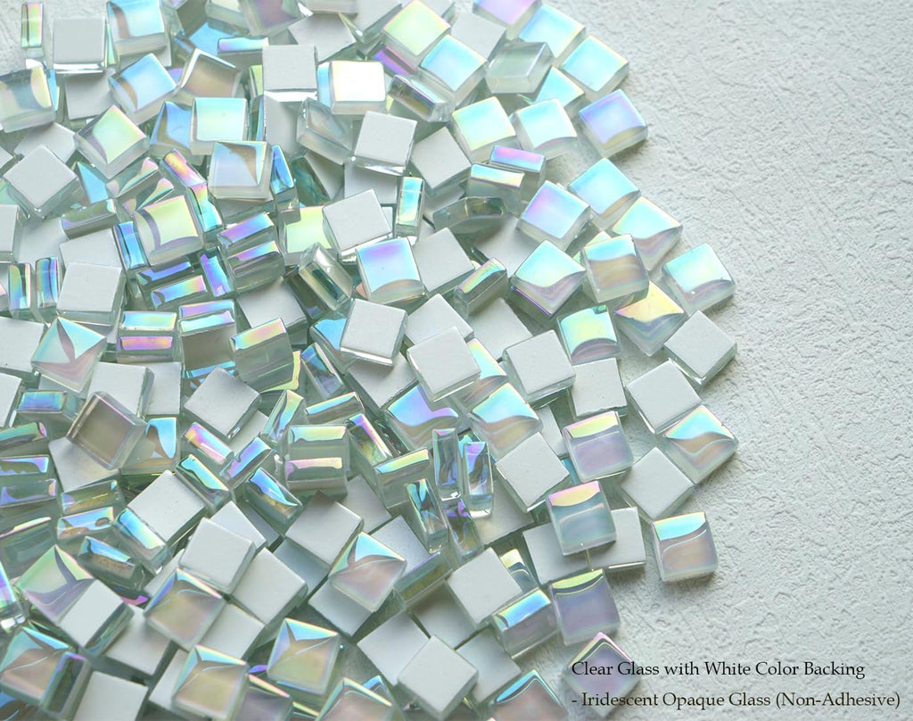 335pcs Crystal White Iridescent Mosaic Tiles, 0.4' Mini Square Glass Tiles for Mosaic Craft, 300G Smooth Edge Glass Pieces for Mosaic Making Supplies