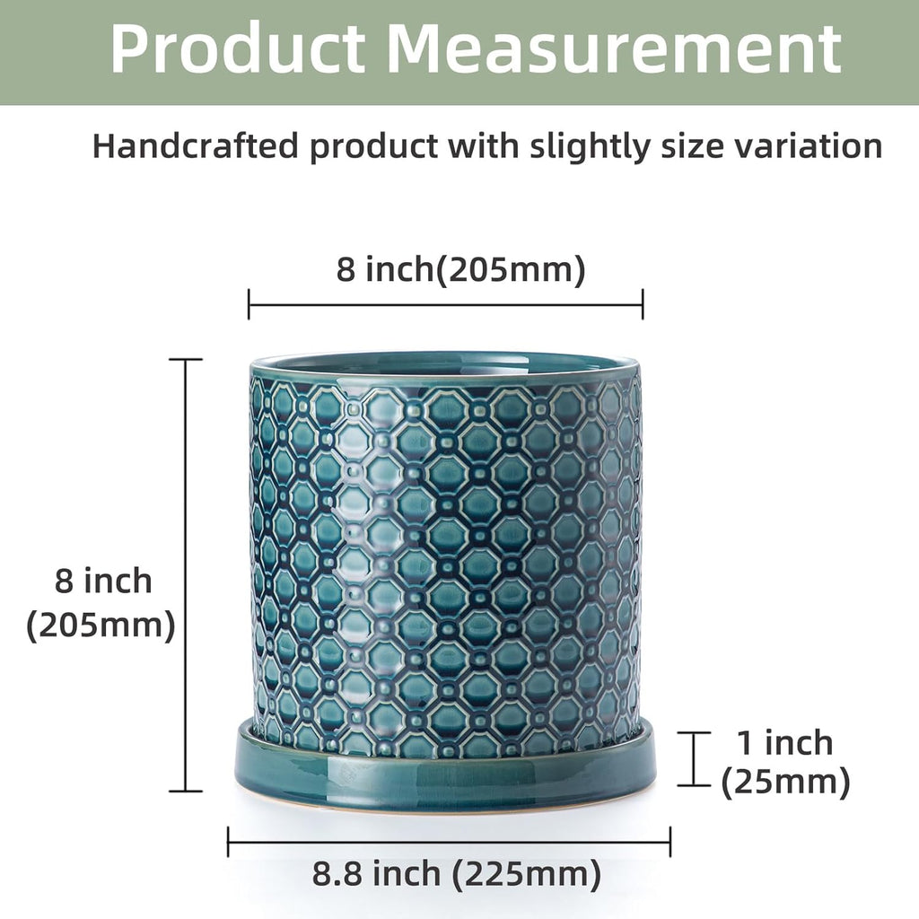 8 Inch Plant Pot: Ceramic Planter with Drainage Hole & Saucer Indoor Outdoor Plants - Cylinder Round Flower Pot for Home Office - Modern Decorative - Medium Blue