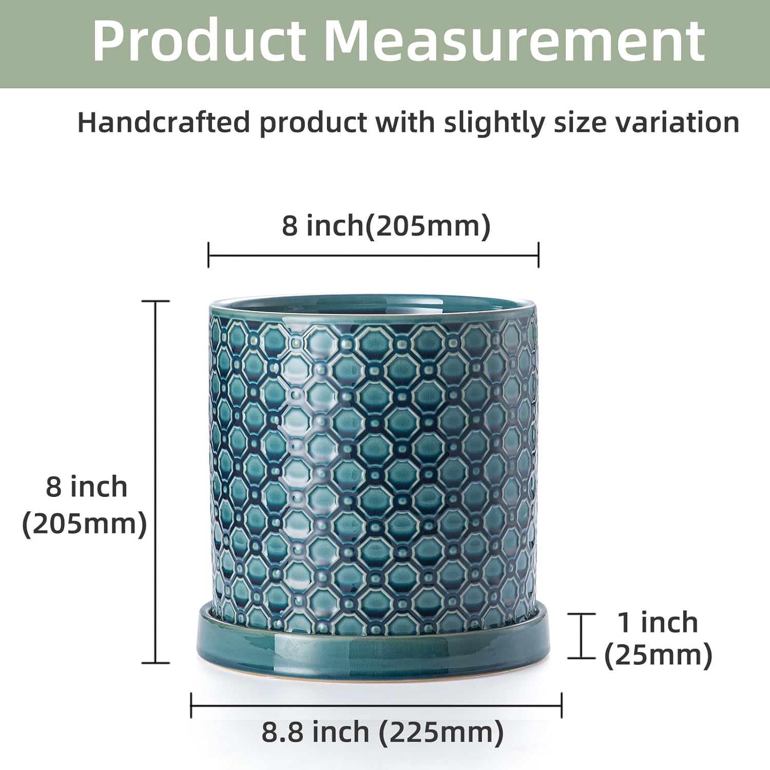 8 Inch Plant Pot: Ceramic Planter with Drainage Hole & Saucer Indoor Outdoor Plants - Cylinder Round Flower Pot for Home Office - Modern Decorative - Medium Blue