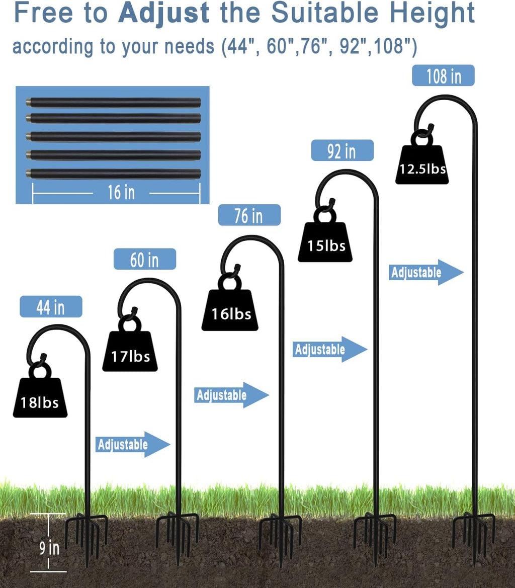 108 inch Outdoor Shepherd Hook with 7 Prong Base (1 Pack), Adjustable Heavy Duty Garden Hanging Stake for Bird Feeder Solar Light Plant Hanger Wedding Decor, Matte Black