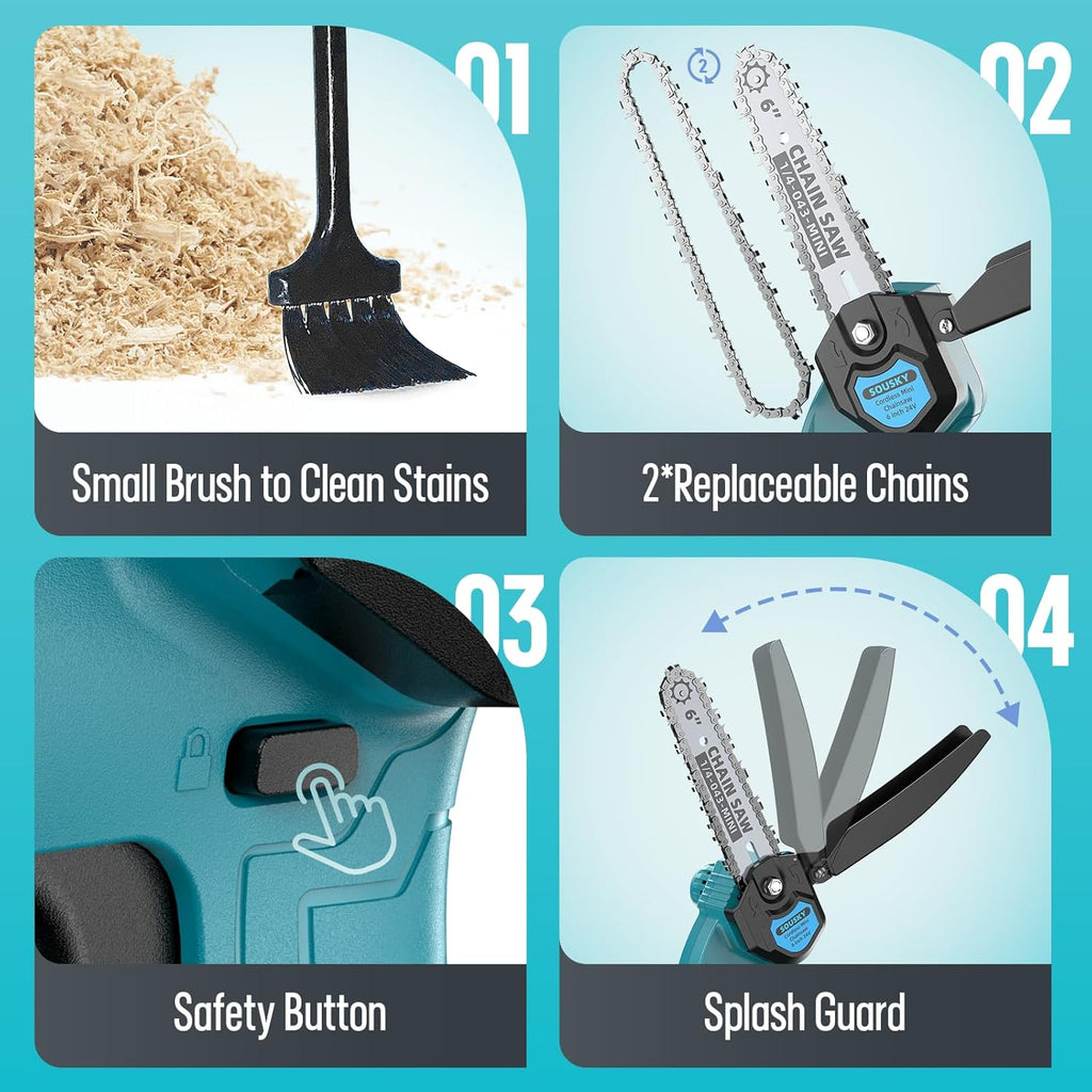 Mini Chainsaw Cordless, 6Inch Portable Small Chain Saw Battery Powered, Handheld Chainsaws with 2 * 24V 2.0MAH Powered Rechargeable Battery for Tree/Wood Cutting Trimming Craftsman Gardening Pruning