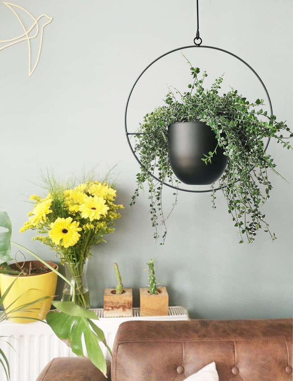 Hanging Planter for Indoor Outdoor Plants Metal Mid Century Minimalist Wall Ceiling Plant Hanger, Hanging Flower Pot Basket Holder for Home Office Décor(Black)