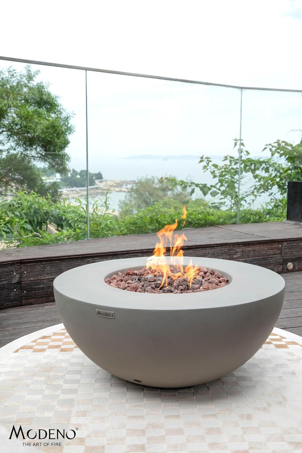 AMS Fireplace | Modeno Roca Package | Light Gray Natural Gas Fire Pit Table for Outdoor Patio Bundle with Wind Guard and SS Burner Lid | Free Rubber Mat & Ice Bucket