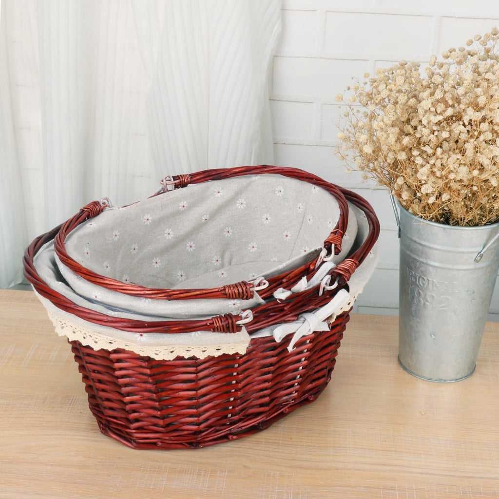 2 Pack Brown Wicker Basket with Linen Lining, 14 & 12 Inch Wicker Woven Picnic Basket with Handle for Picnic, Camping, Outdoor Party