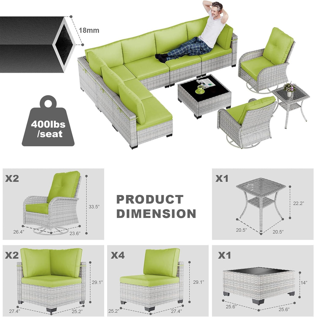 10-Piece Patio Furniture Set, Outdoor Patio Furniture with Swivel Chairs Set, Thick Cushions, Modular Patio Sofa, Dual-Strand Rattan, Rust-Resistant Frame, Grass Green