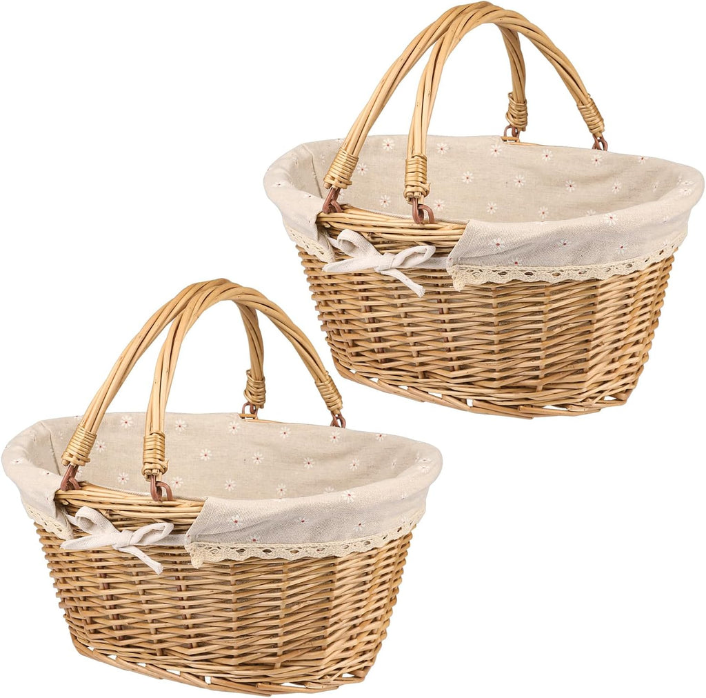 2 Pack Medium Size Oval Willow Basket with Handle, 12.6x9x4.7 Inch Wicker Picnic Basket with Liner, Empty Gift Basket, Wicker Basket for Fruit, Candy, Wine, Gathering, Wedding, Picnic, by GNIEMCKIN