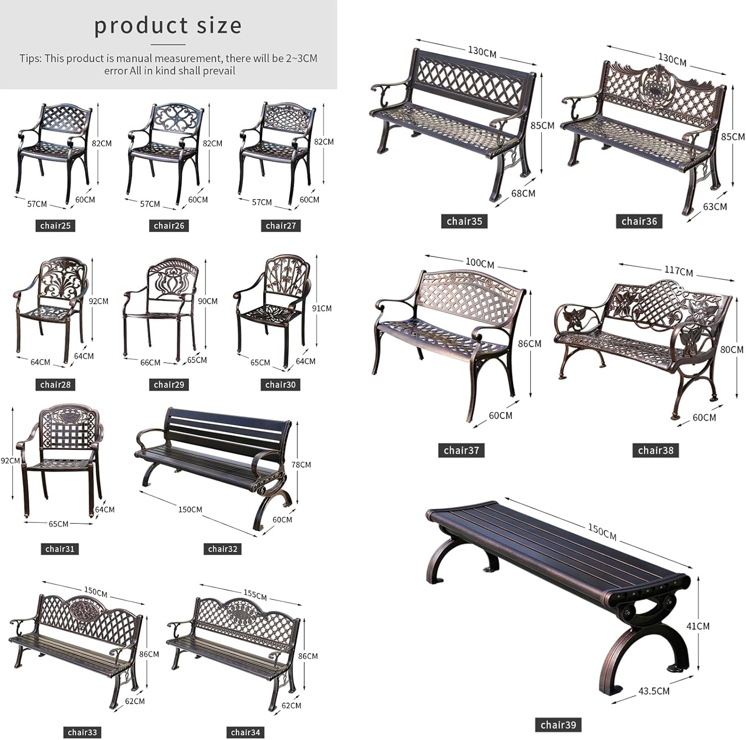 Outdoor Bench Chair Cast Aluminum Garden Bench Patio Bench All-Weather Park Bench for Backyard Porch Lawn (100cm Rose Park Bench)