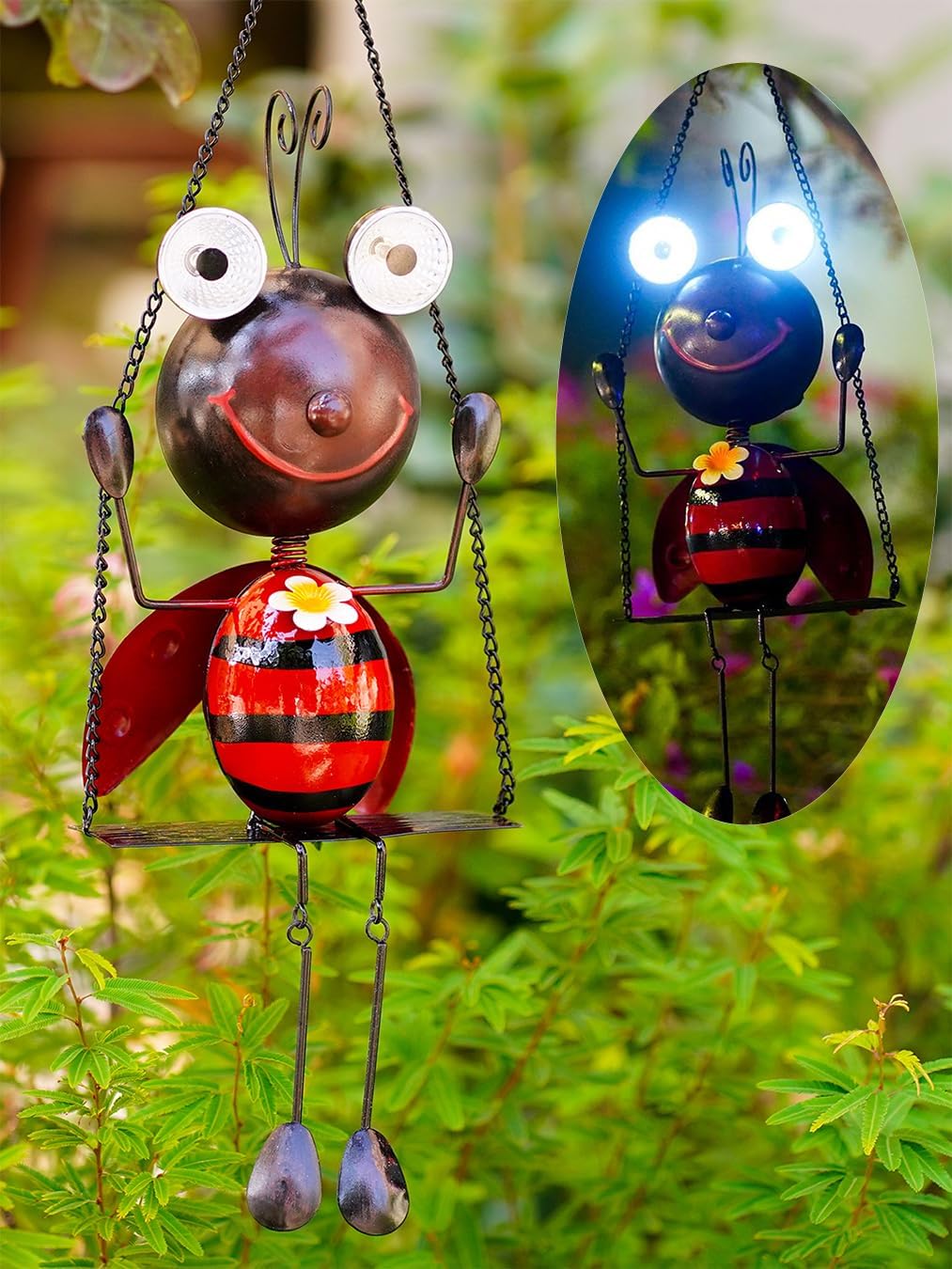 GDF Solar Lady Bugs Swing Metal Ladybug Hanging Animal Garden Decor Waterproof Solar Lights Decorative Outdoor Lights for Outside Patio Balcony Pathway Lawn Yard,Gifts for Her/Him