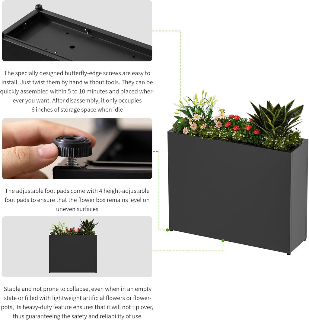 Large 36" L Metal Planter Box for Outdoor, Black Raised Garden Bed Flower Pot - Rust-Resistant Steel Design for Patio, Porch, Yard with Drainage Holes, Easy No-Tool Assembly