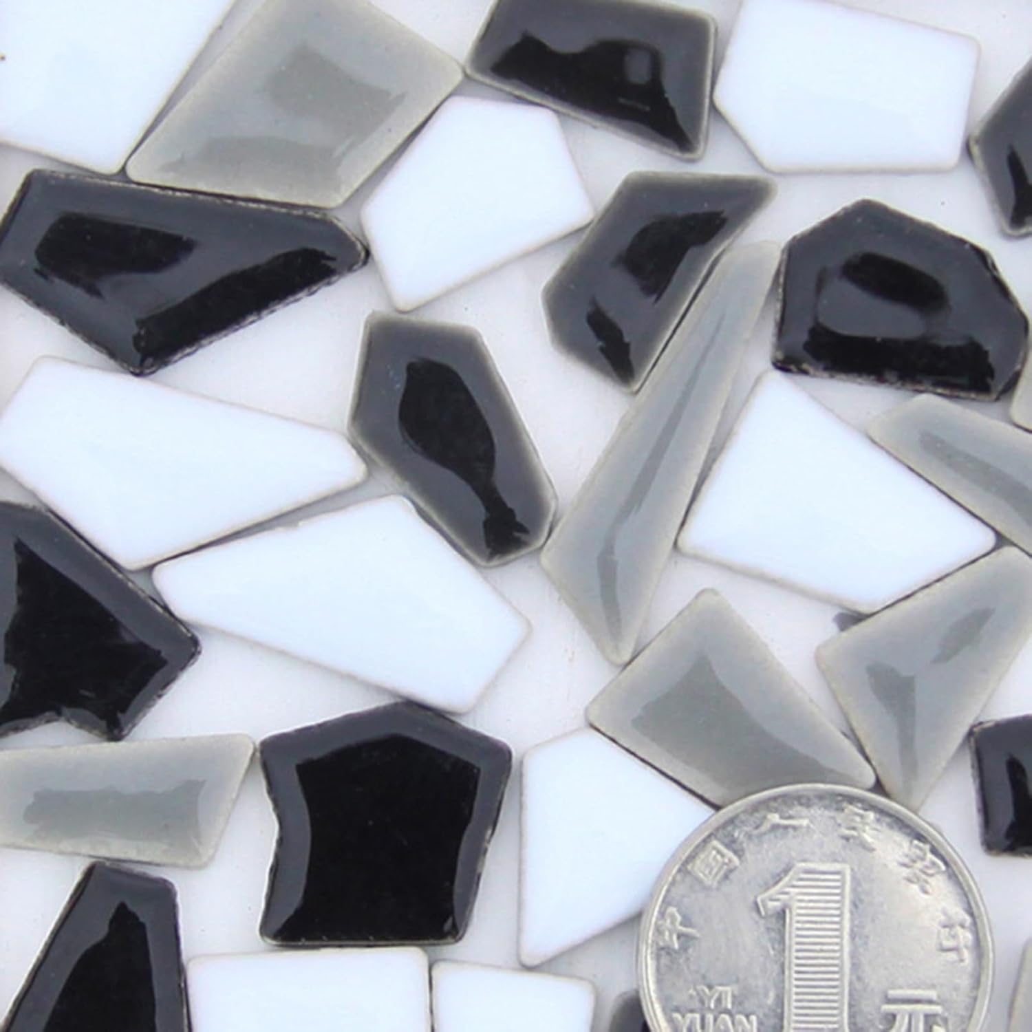 Irregular Size Ceramic Mosaics Pieces Stained Glass, Assorted Colors and Triangles Trapezoids Polygons Shapes, 200g (Black White Mix)