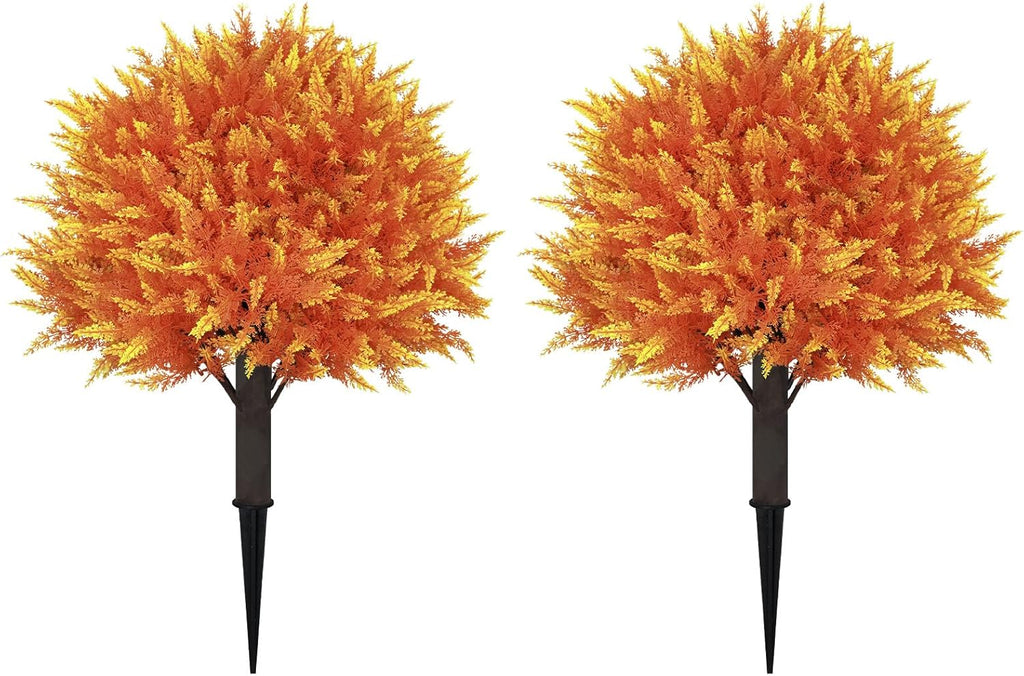 24" Artificial Cedar Topiary Ball Bushes, Set of 2 UV Resistant Fake Trees Outdoor Shrubs with Stake, Weatherproof Faux Plants for Planter, Front Porch, Garden, Yard, Patio Fall Decor
