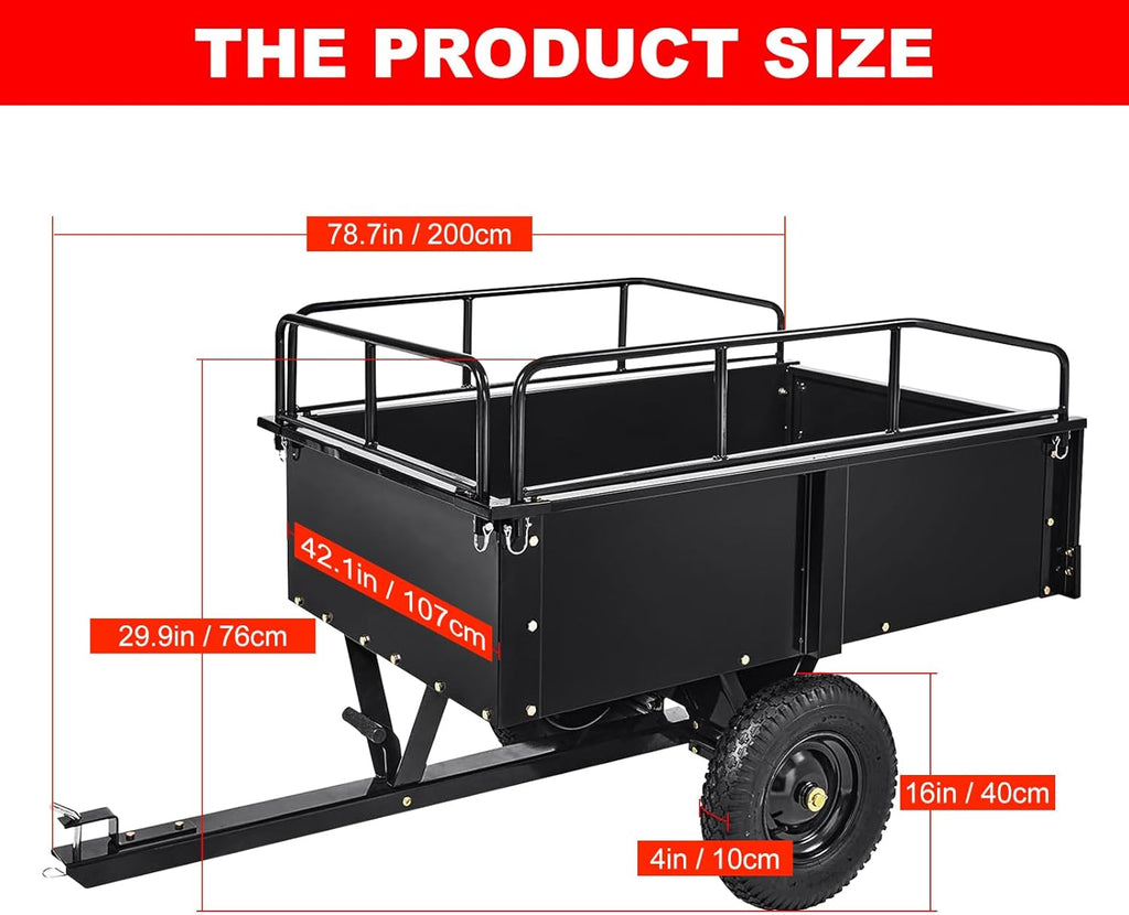 Heavy Duty Steel Garden Cart, 750Lbs Yard Garden Pull Behind Dump Trailer with Removable Sides for Atvs Utvs Lawn Garden Tractors, Black