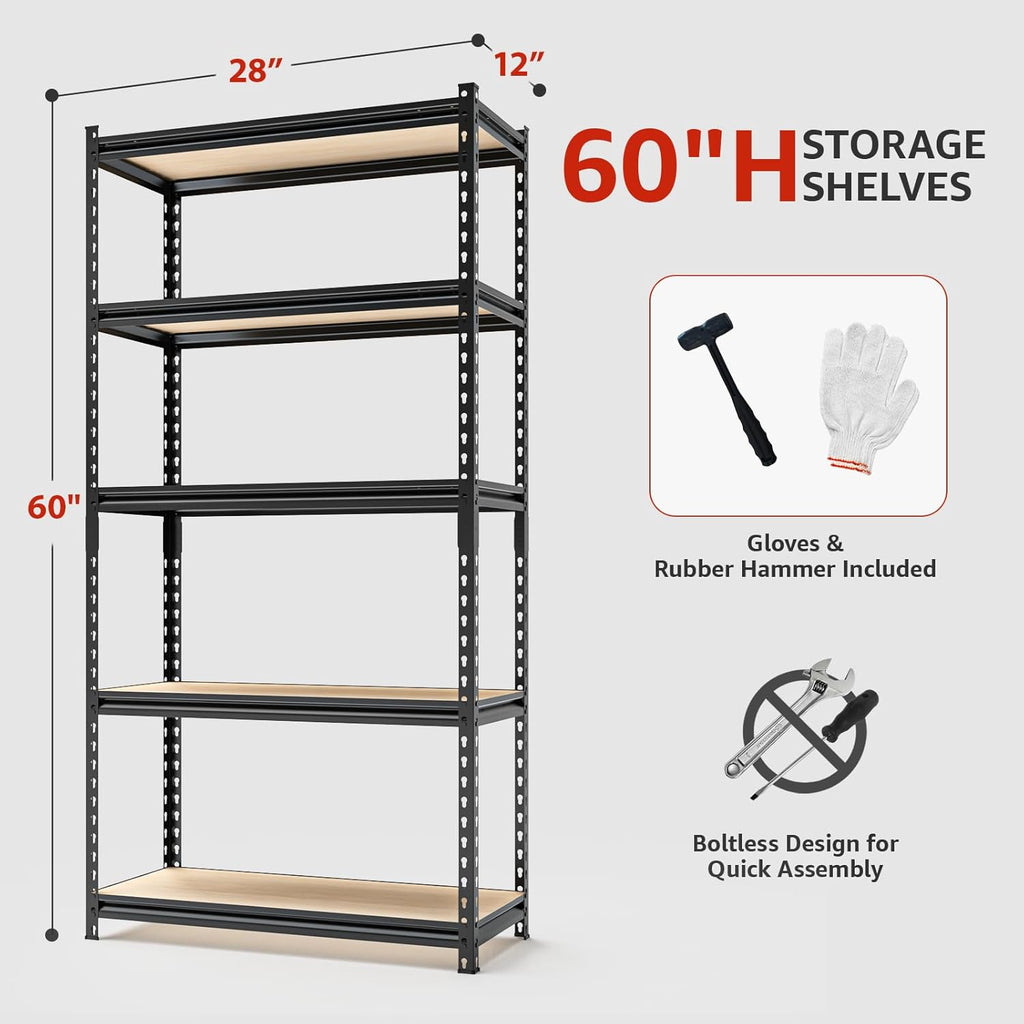 5 Tier Adjustable Heavy Duty Metal Shelving Unit, 60" H x 28" W x 12" D, Utility Rack, Garage Storage Shelves for Kitchen, Basement, Warehouse, Living Room, Classroom, Black