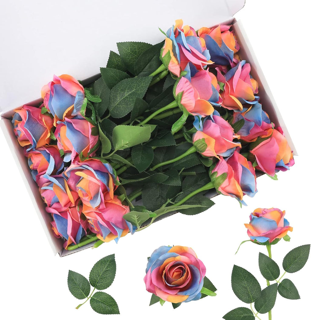 Rainbow Fake Roses Artificial Flowers - 16 Pcs Fake Artificial Roses Silk Flowers with Stems for Home Wedding Hotel Office Centerpiece Decor（Rainbow）