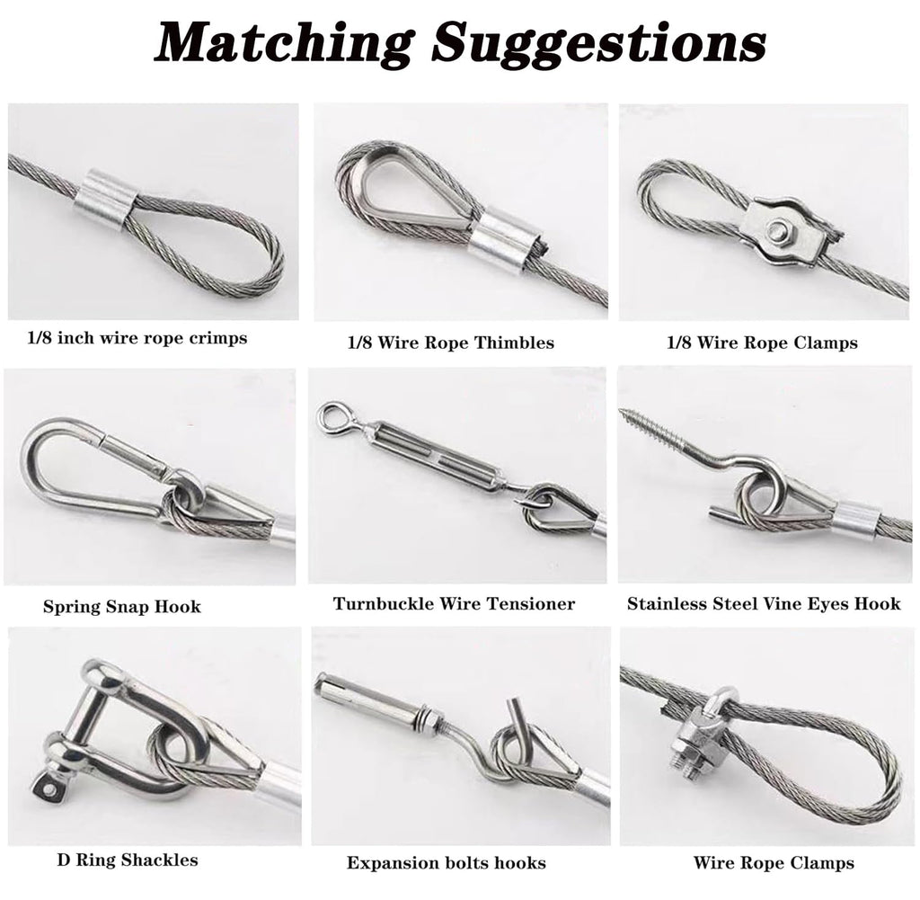 1/8" Stainless Steel Cable,100ft Wire Rope Kit Turnbuckles for Cables Wire, 7x7 Strand Core 3/32" Overmolded to 1/8" Metal Cable for Outdoor Hanging Kit,Garden Fence,Decor, Plant Hanger