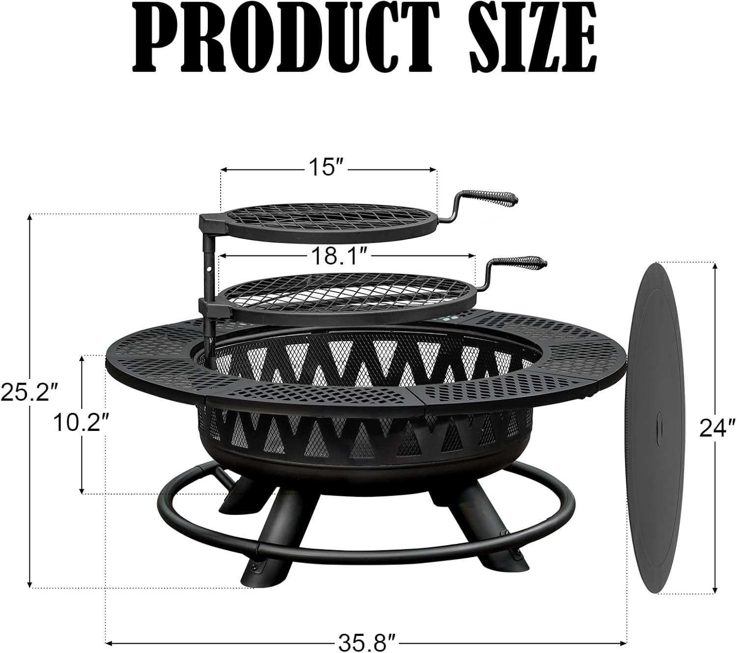 36 Inch Fire Pit with 2 Grills, Large Outdoor Firepits for Outside, Wood Burning Fireplace for Camping,Picnic,Bonfire, 3-in-1 Round Metal Table with Lid for Backyard,Patio,Party