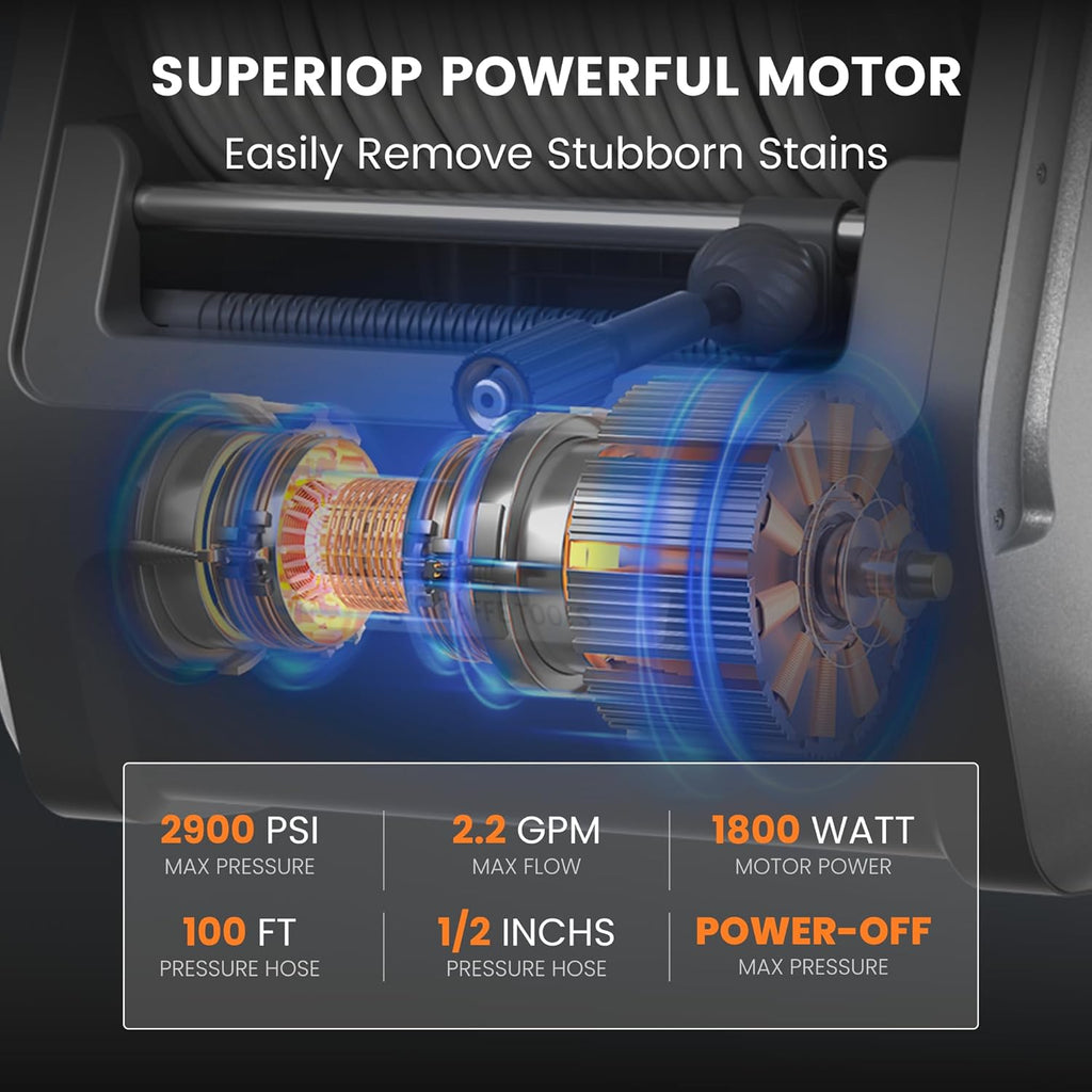 Giraffe Tools Grandfalls Wall Mount Pressure Washer Plus+, Max 2900PSI 2.2 GPM, Electric Power Washer with 100ft Pressure Hose for Car/Patios, Automatic Rewind, Dark Silver