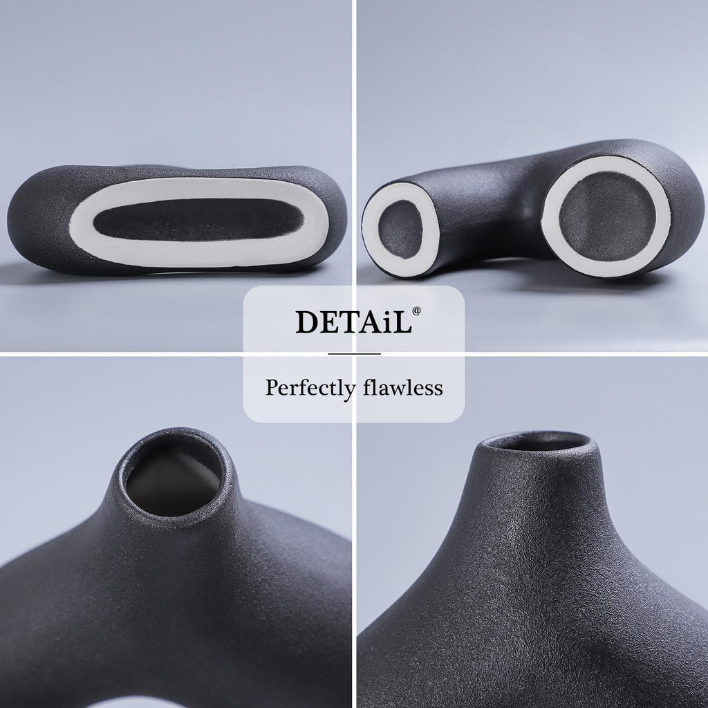 CEMABT Black Ceramic Vase Set of 2 for Modern Minimalist Bohemian Decor，Round Matte Donut Vases for Pampas Grass-Perfect for Living Room, Dining Table, Office Bedroom Shelf Decor Entryway, Console