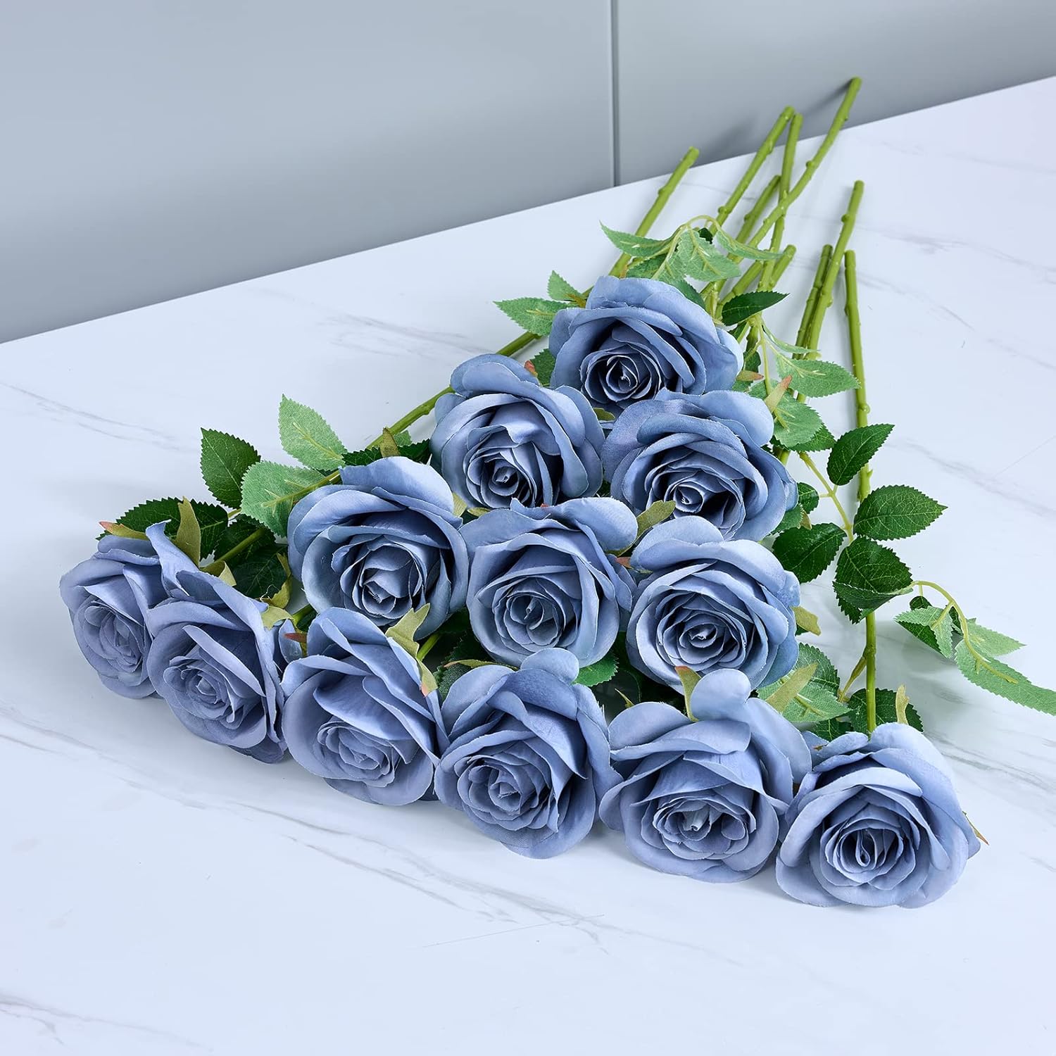 12pcs Rose Artificial Flowers Fake Roses Dusty Blue Silk Roses Blue Silk Flowers Rose with Long Stems for Wedding Home Party Centerpieces Decorations