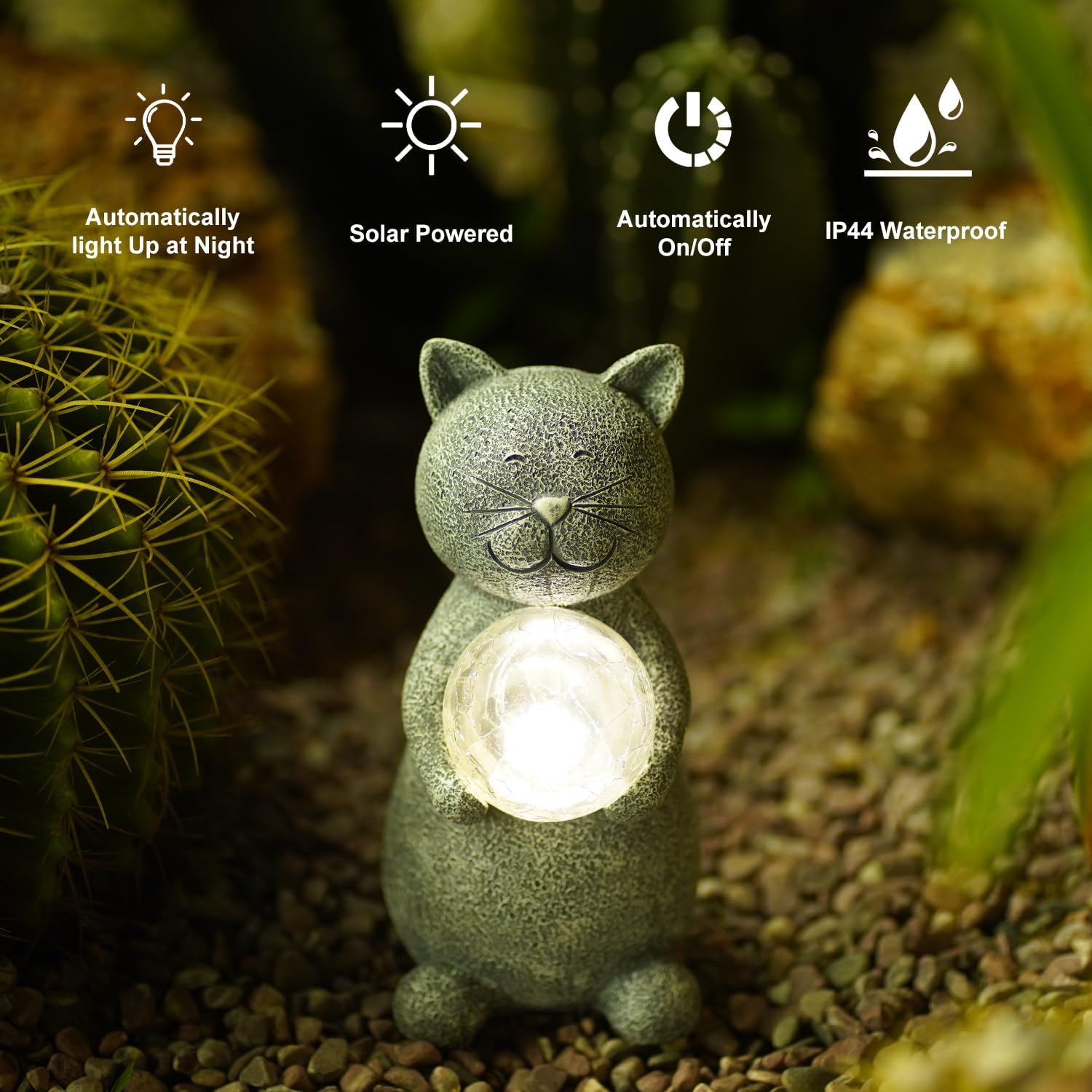 Solar Cat Statue Garden Decor - Cat Lover Gifts, with Gazing Solar LED Lights Ball Cats Decoration for Garden Yard Patio Lawn Balcony - Gifts for Mom Grandma (Gray)
