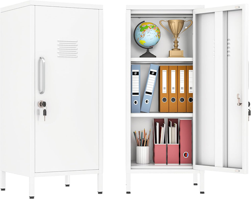 35" Metal Storage Locker, Lockable Employees Metal Locker with Door and Adjustable Shelves, Steel Locker for Home, School, Office, Gym (White)