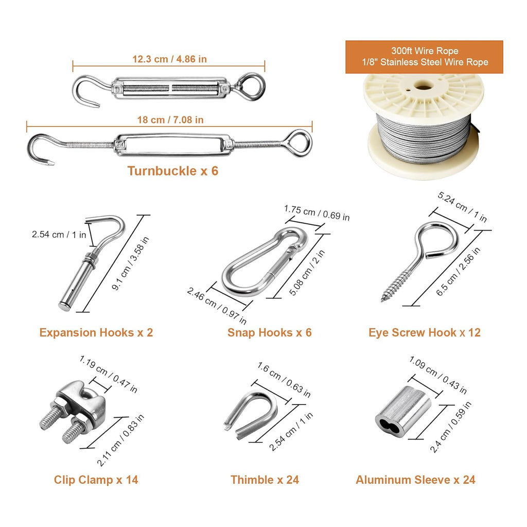 1/8" Vinyl Coated Wire Rope Kit with Work Gloves, 300FT Stainless Steel String Light Hanging Kit with Turnbuckle,7x7 Strand 920LB Strength Clothes Line Cable for Outdoor, Crafts, Garden