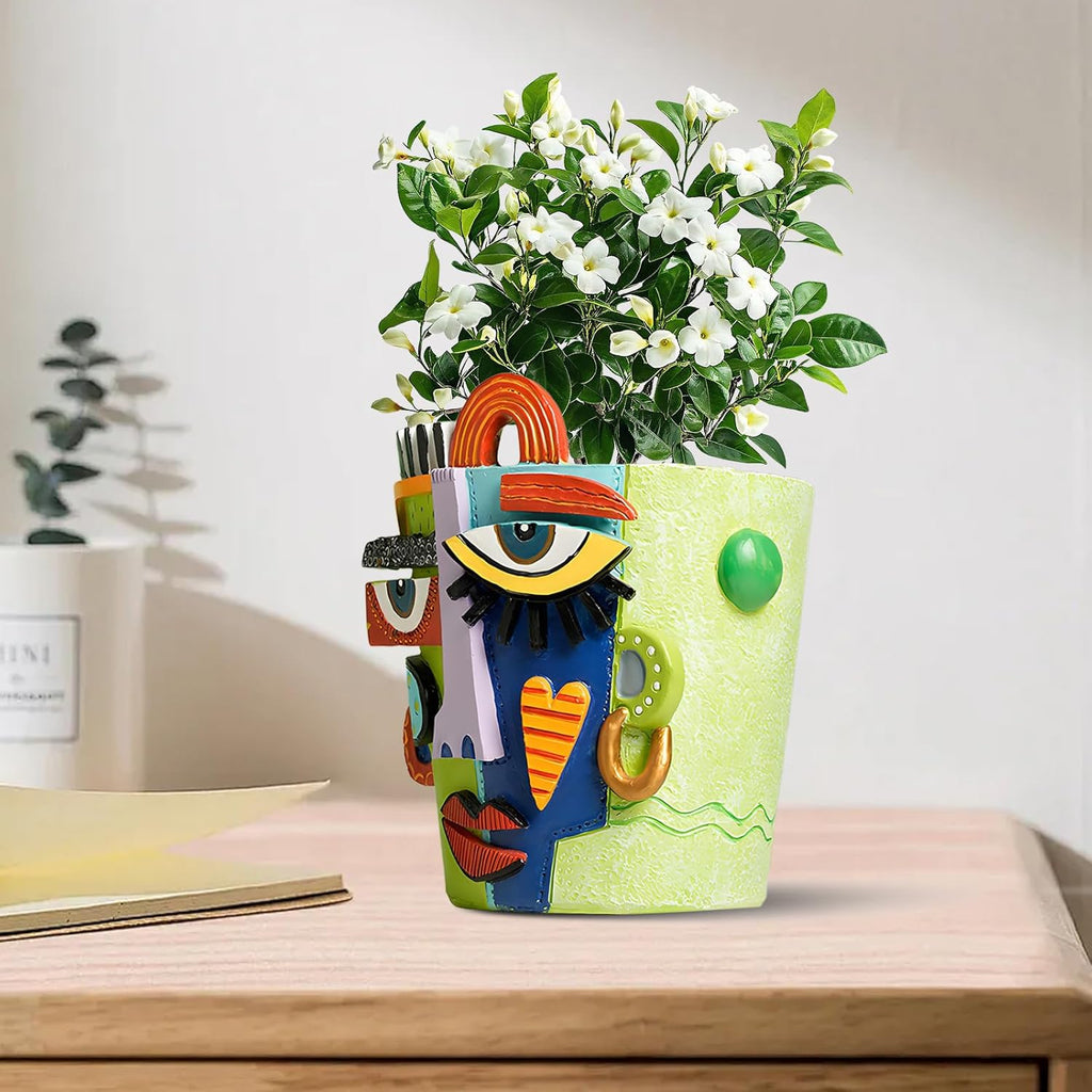 Picasso Abstract Face Planters Pots, Unique Abstract Flower Pot Head Planter Pot Ornaments Resin Brutalist Flowerpot with Drainage Hole for Indoor and Outdoor Plants Home Decor (Green, S)
