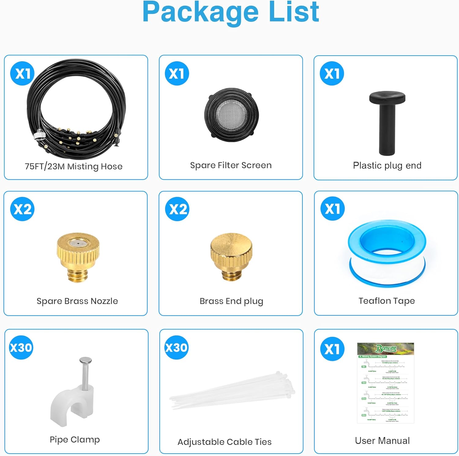 Bonviee Misters for Outside Patio - 75FT Misting Cooling System with 28 Brass Nozzles and 3/4" Adapter, 23M DIY Outdoor Misters Kit for Garden, Greenhouse, and Patio Cooling