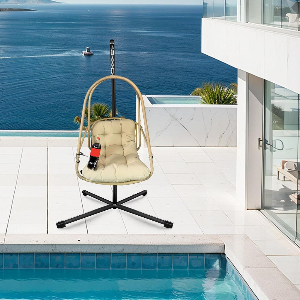 JESE Swing Egg Chair with Stand Foldable Frame Hanging Chairs for Indoor Outside,with UV Resistant Waterproof Cushion and Cup Holder,Swing Hammock Chairs for Patio,Bedroom,Balcony, Garden-350lbs Khaki